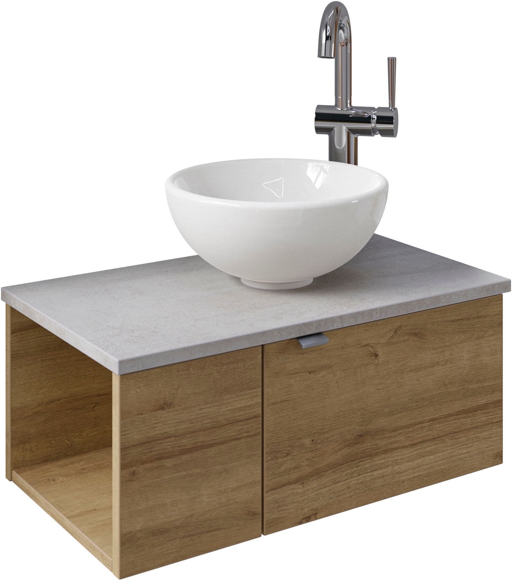 Saphir Waschtisch "Serie 6915 Waschschale mit Unterschrank für Gästebad, Gäste WC" Keramik-Aufsatzbecken, Waschtischplatte, Waschtischunterschrank, 3 Stk. tlg. 61 cm breit, 2 Türen, offenes Fach, kleine Bäder, ohne Armatur