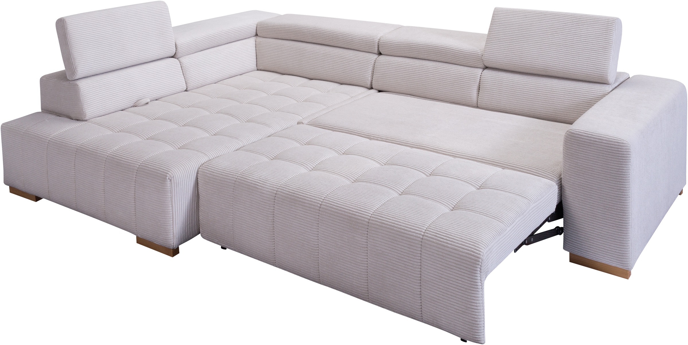 exxpo - sofa fashion Ecksofa »Elianos, hoher Sitzkomfort, aufwendige Kreuzsteppung im Sitz, L-Form«, Kopfteile & Sitztiefe verstellbar, mit Bettfunktion, Cord, beige