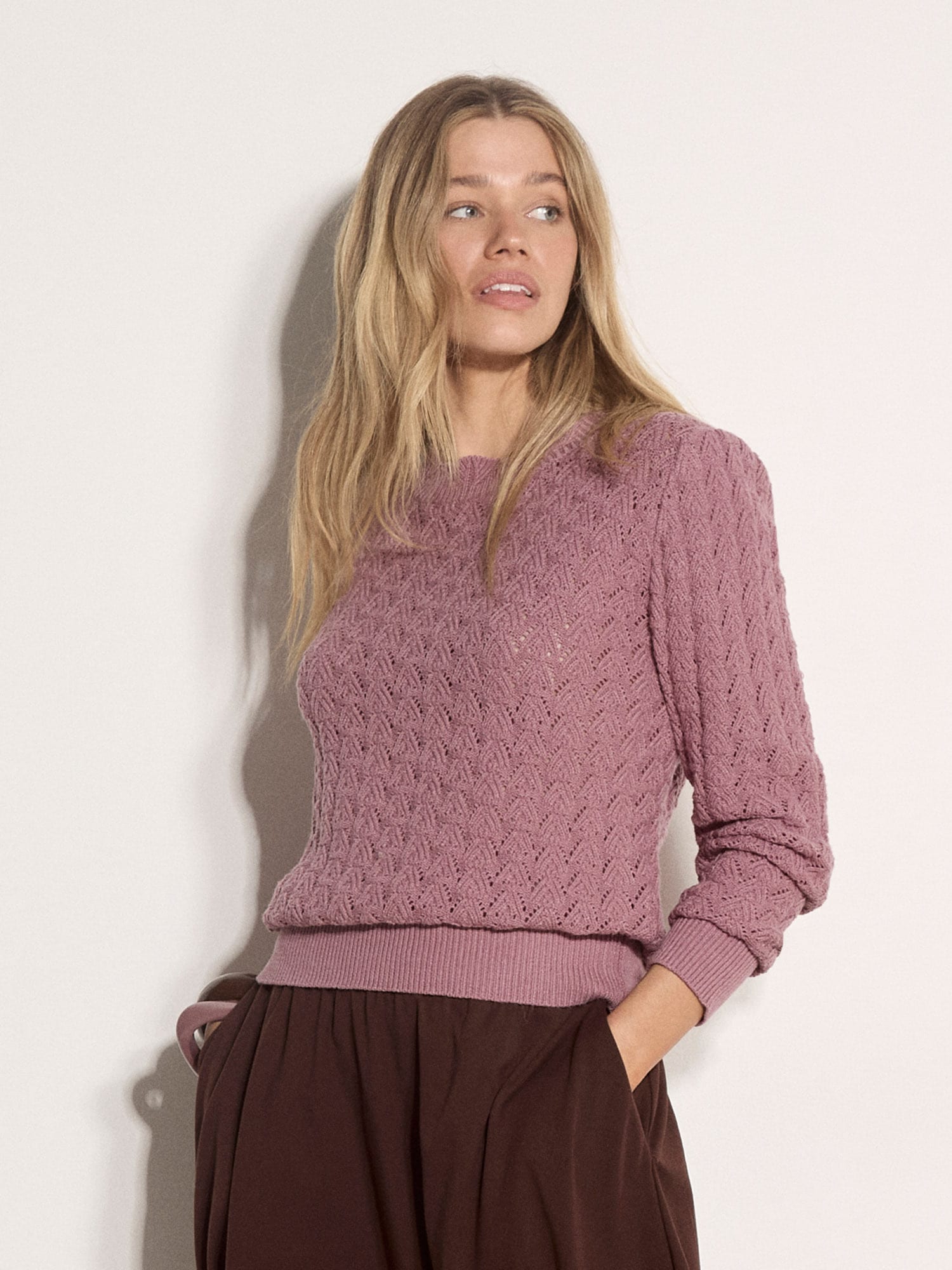 Apricot Strickpullover "Pointellestrick mit Wellenkante" mit Häkelverzierung