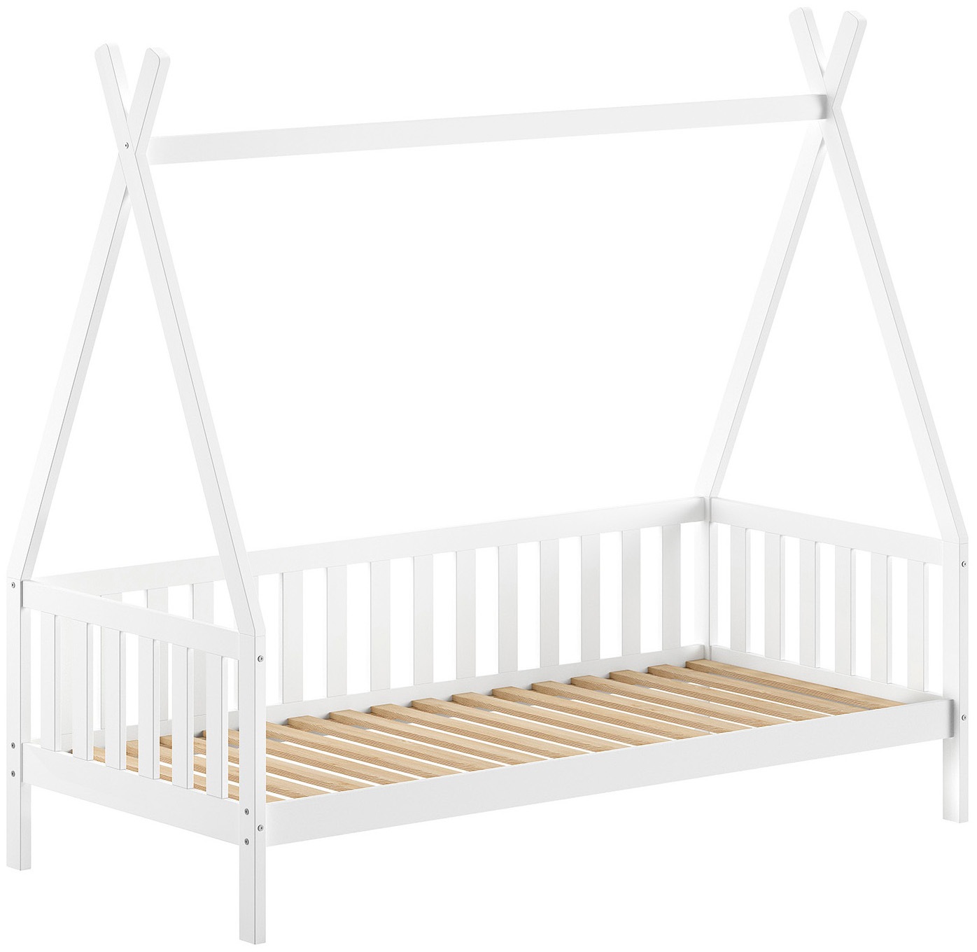 Vipack Massivholzbett "mit Tipi Dach, seitlich und hinten mit Sprossenumrandung" Liegefläche 90/200 cm inkl. Massivholz Rollattenrost, Korpus aus massiver Kiefer, weiß lackiert