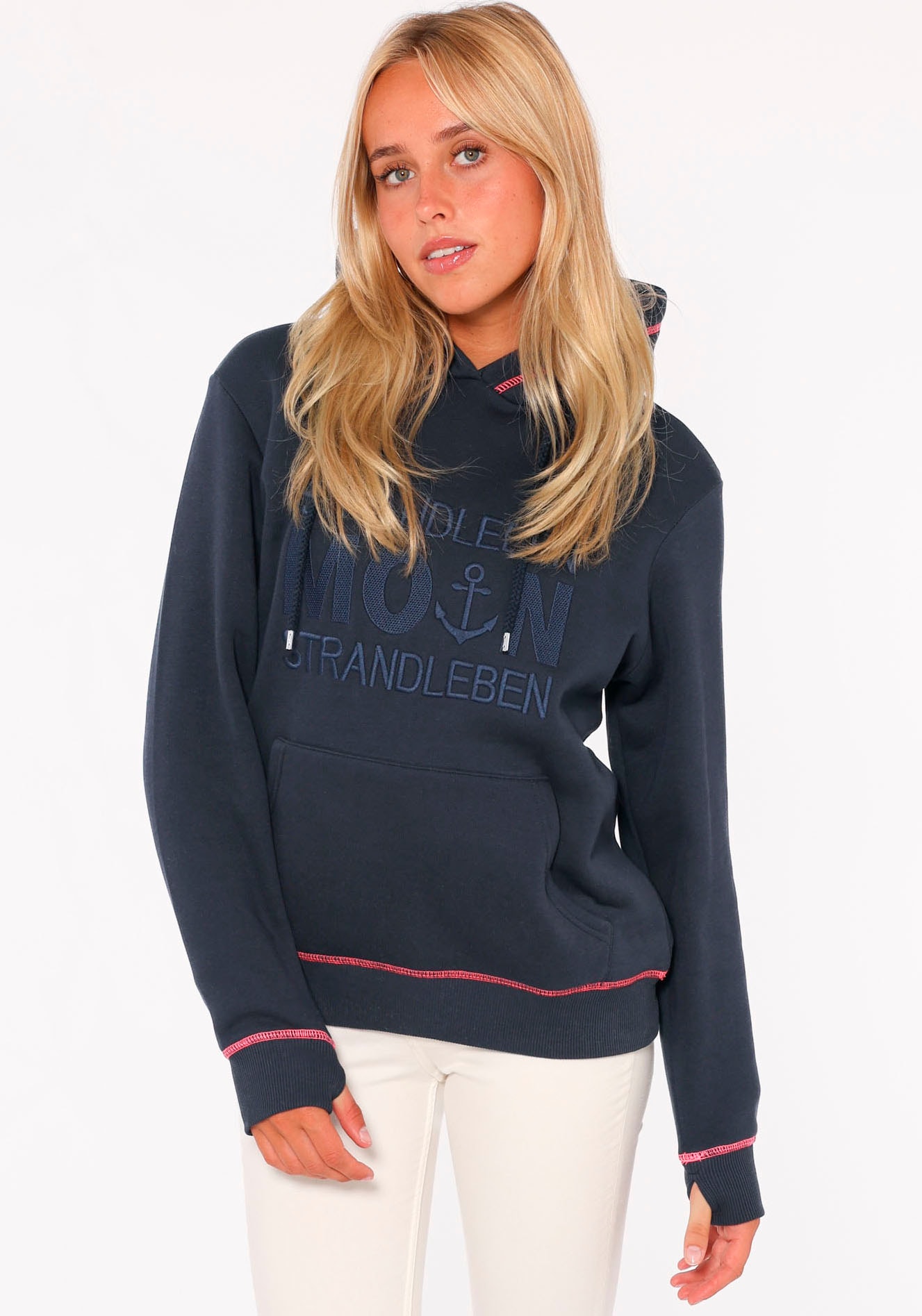 Zwillingsherz Hoodie "Strandleben Moin", mit gesticktem Schriftzug und neonfarbenen Akzenten