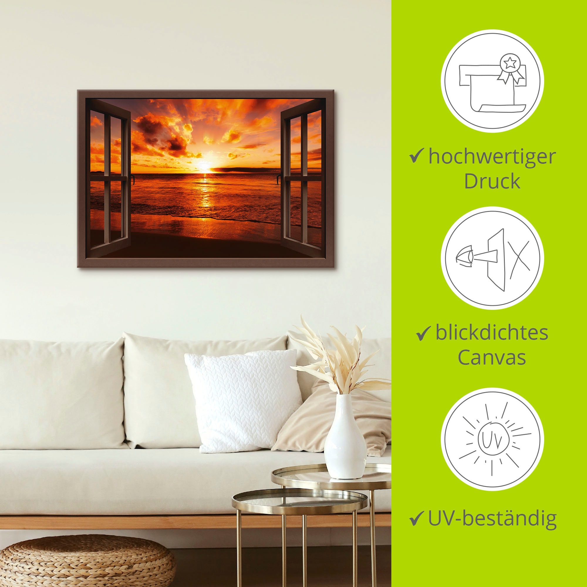 Artland Wandbild »Fensterblick Sonnenuntergang am Strand«, Fensterblick, (1 St.), als Leinwandbild, Poster, Wandaufkleber in verschied. Größen