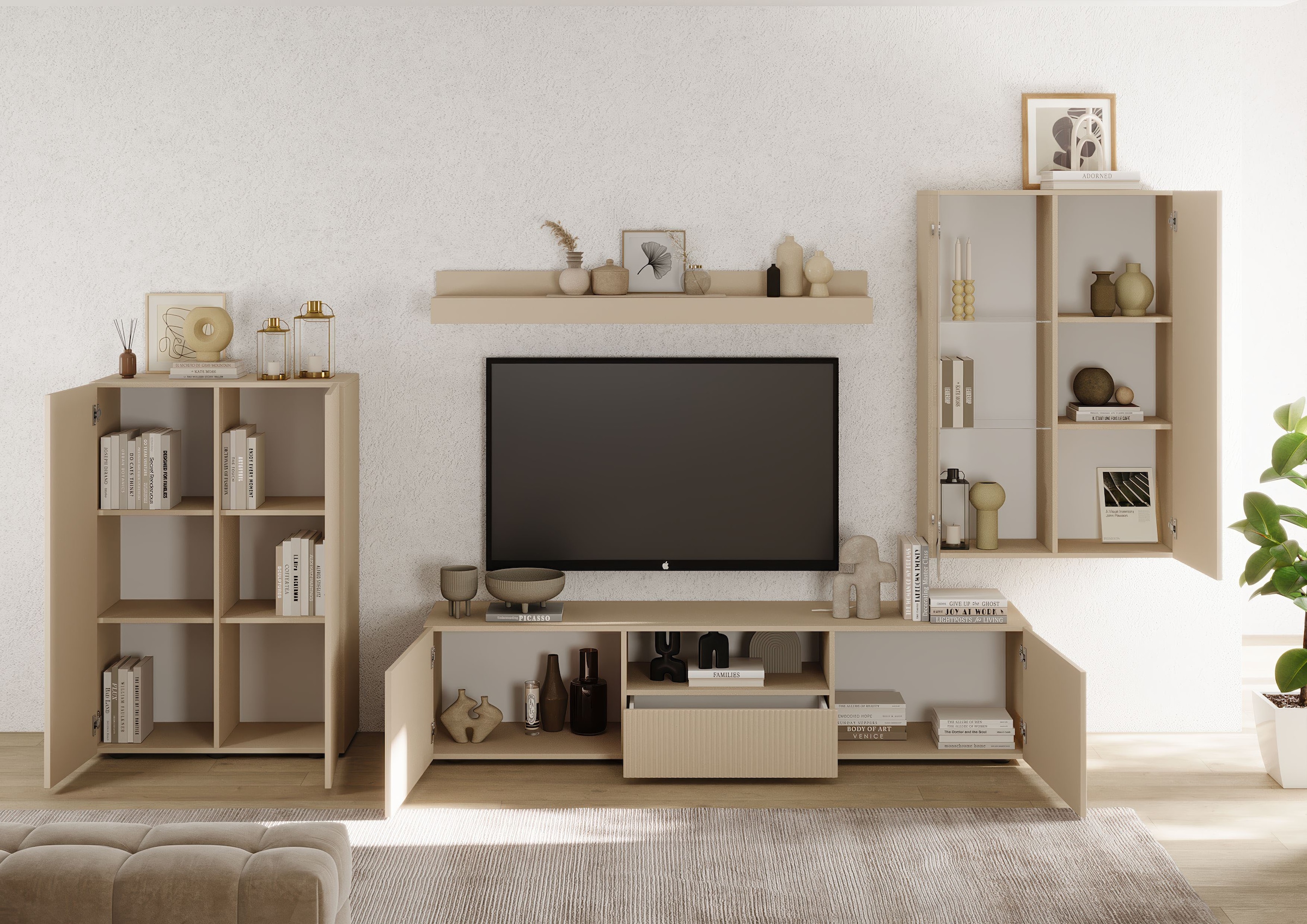 INOSIGN Wohnwand »Rio, 4tlg. Breite 300 cm, modernes, elegantes Wohnzimmer-Set«, (4 St.), (Lowboard, Highboard, Hängevitrine, Wandboard), Front geriffelt