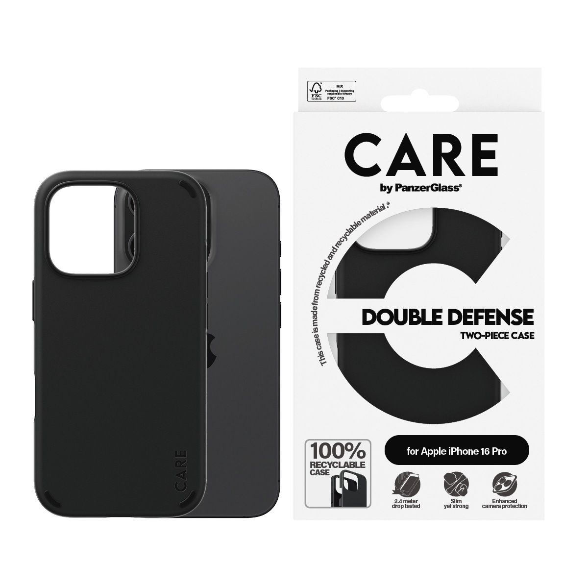 Handyhülle "Double Defence Case für Apple iPhone 16 Pro", Smartphones, schwarz, CARE BY PANZERGLASS, Hüllen, Backcover, Schutzhülle,