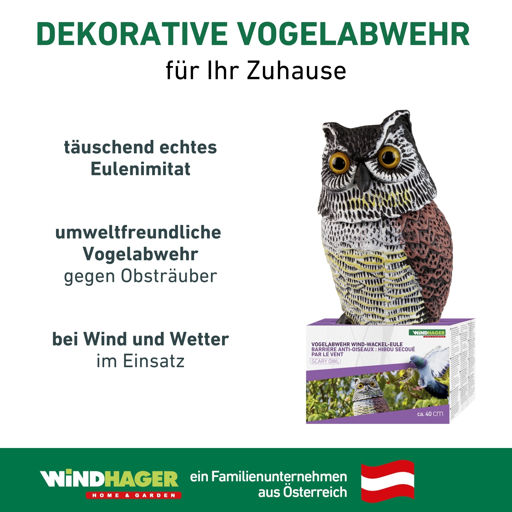 Windhager Vogelattrappe »Scary Owl 40 x 15 cm, Vogelabwehr Eule mit Wackelkopf« wetterfester Taubenschreck