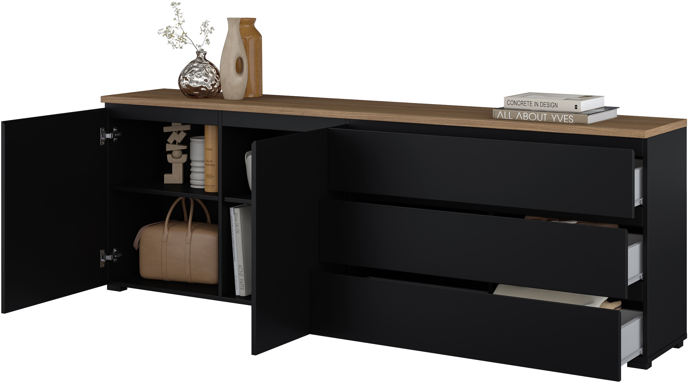 OTTO home Sideboard »Modo, Breite 200 cm, moderne grifflose Kommode 2Türen/3 SK« Schubladenkommode mit viel Stauraum, Einlegeböden verstellbar