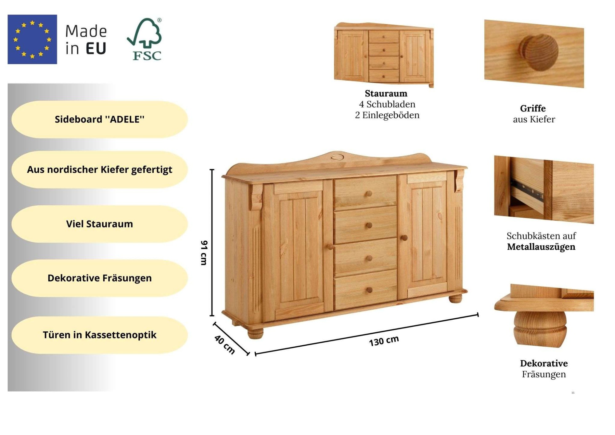 Thumbnail - Home affaire Kommode "Sideboard, Anrichte, mit 3 Schubladen, 2 Türen" aus massiver Kiefer, Breite 130 cm