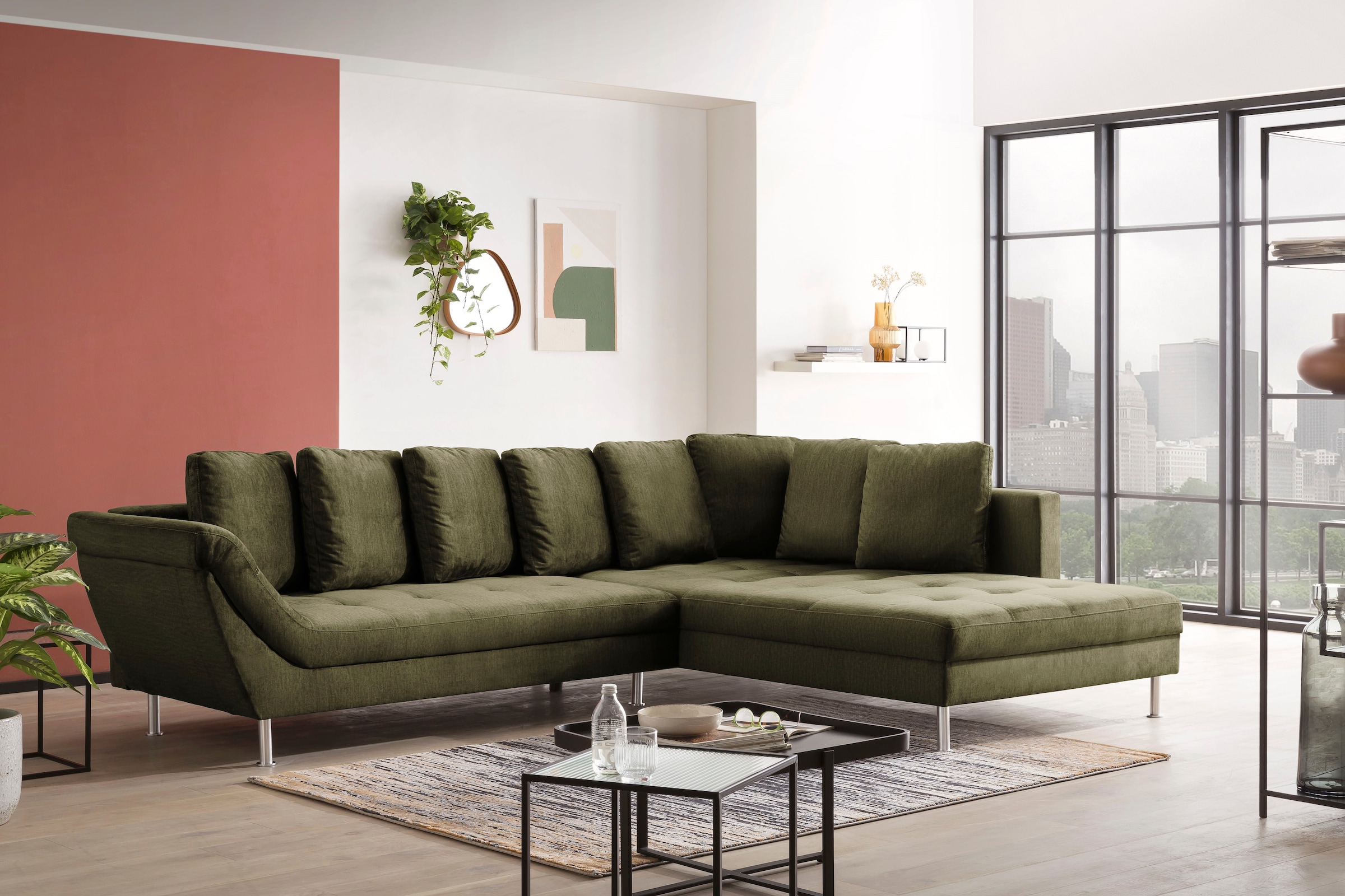 exxpo - sofa fashion Ecksofa »Laconi, extravagantes Designsofa mit tollem Sitzkomfort, L-Form«, in hochwertiger Detailverarbeitung, bequeme Armlehne, hoher Fuß