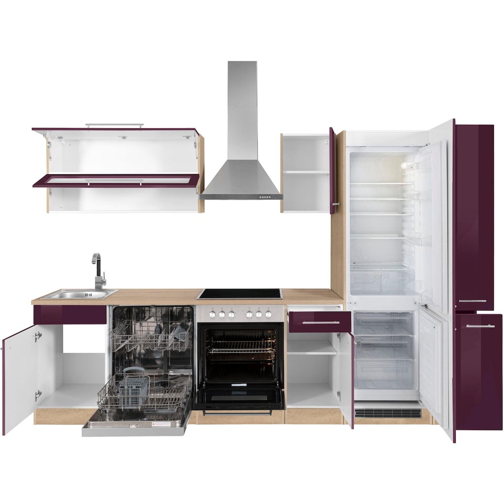 Wohnen Küchenmöbel HELD MÖBEL Küchenzeile »Eton«, ohne E-Geräte, Breite 300 cm aubergine Hochglanz-eichefarben