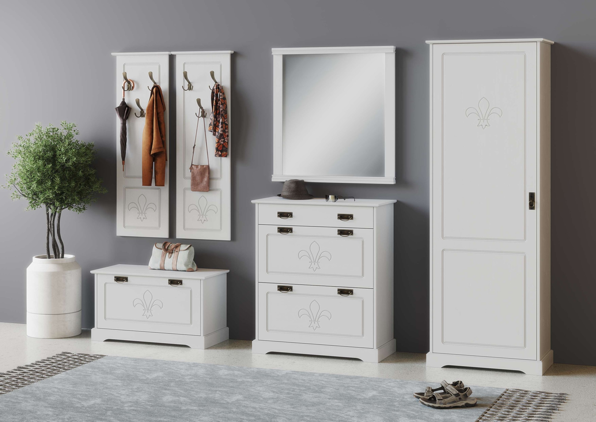 Home affaire Garderobenschrank »Lille Mehrzweckschrank Breite/Höhe: 67/187 cm«, aus massiver Kiefer, mit schöner Lilien-Fräsung, Jugendstil-Griffe