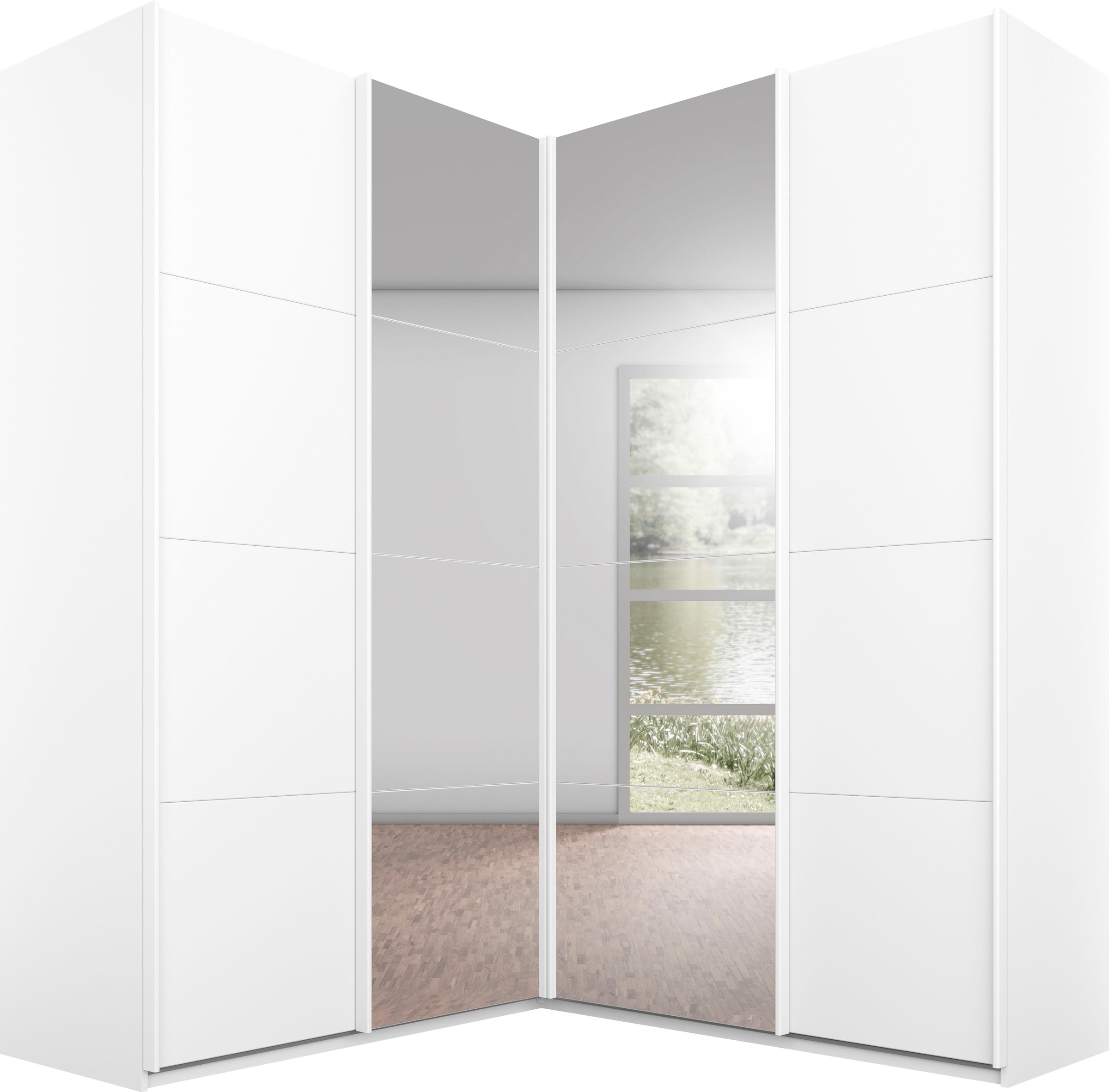 rauch Schwebetürenschrank "Schrank Garderobe Eckkleiderschrank QUADRA Front in Dekor/Hochglanz" Maß 181x187 cm, Höhen 210/229 cm, inkl. Soft-Close-Funktion, extra großer Eckschrank inkl. Schubladeneinsatz MADE IN GERMANY