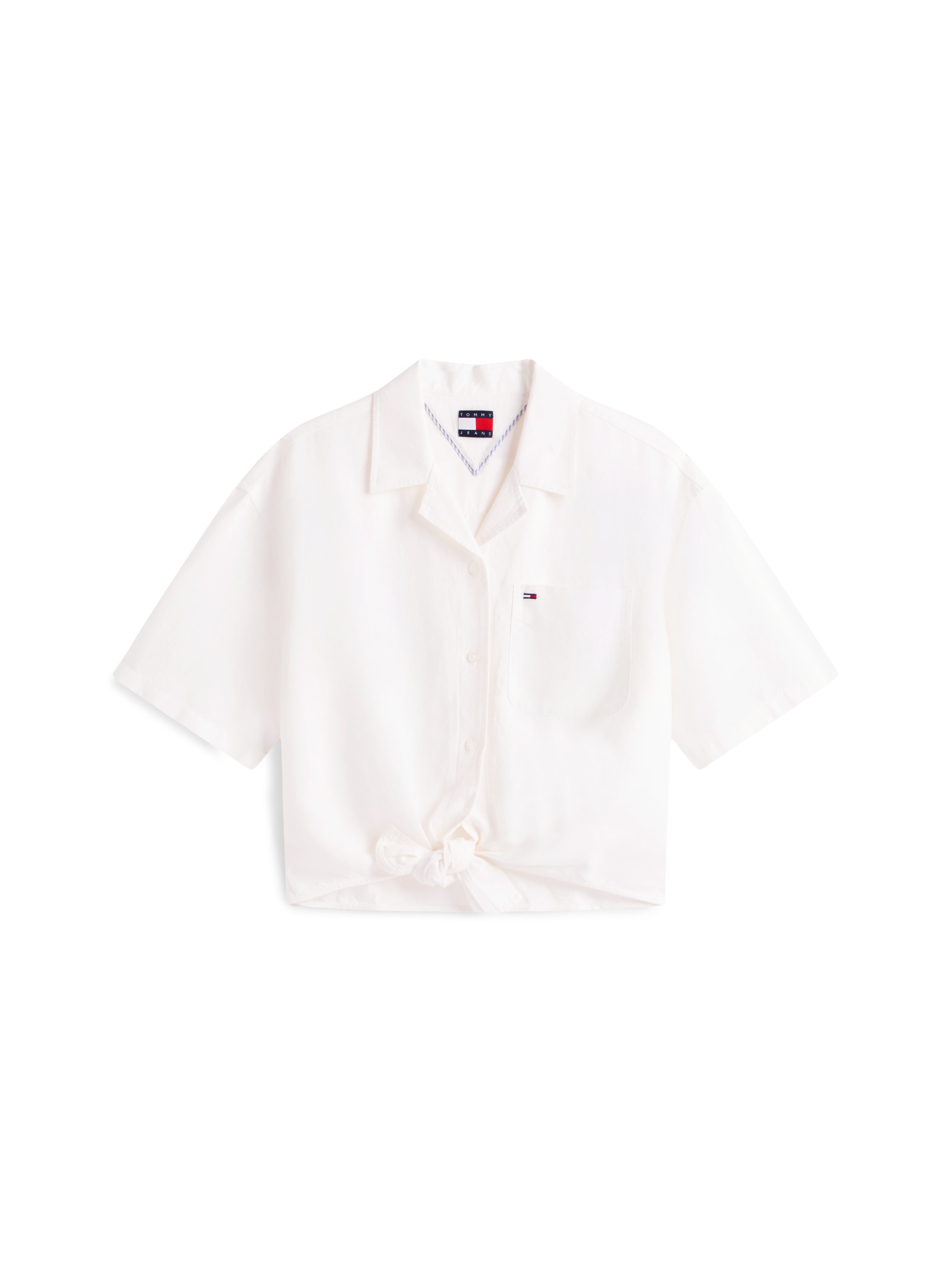 Tommy Jeans Kurzarmbluse »TJW TIE FRONT LINEN SHIRT« mit Knoten-Detail am Saum, Relaxed Fit