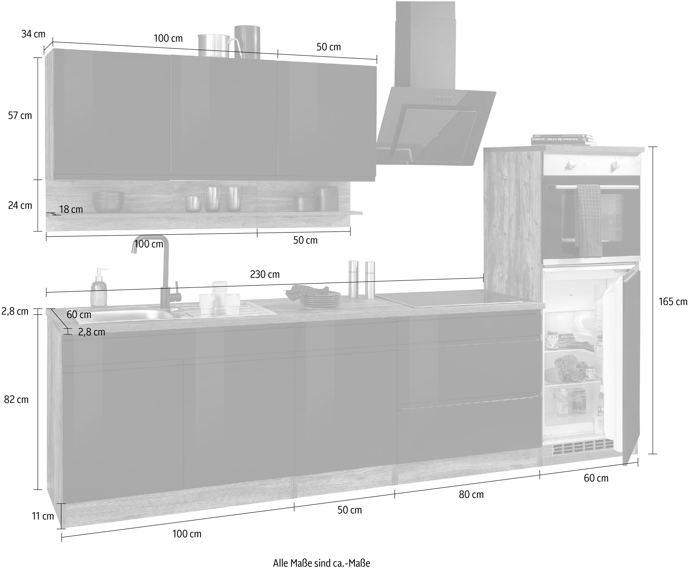 KOCHSTATION Küchenzeile »KS-Virginia,neu in verbesserter Ausführung« Breite 290 cm, Soft-Close, wahlweise mit Induktionskochfeld
