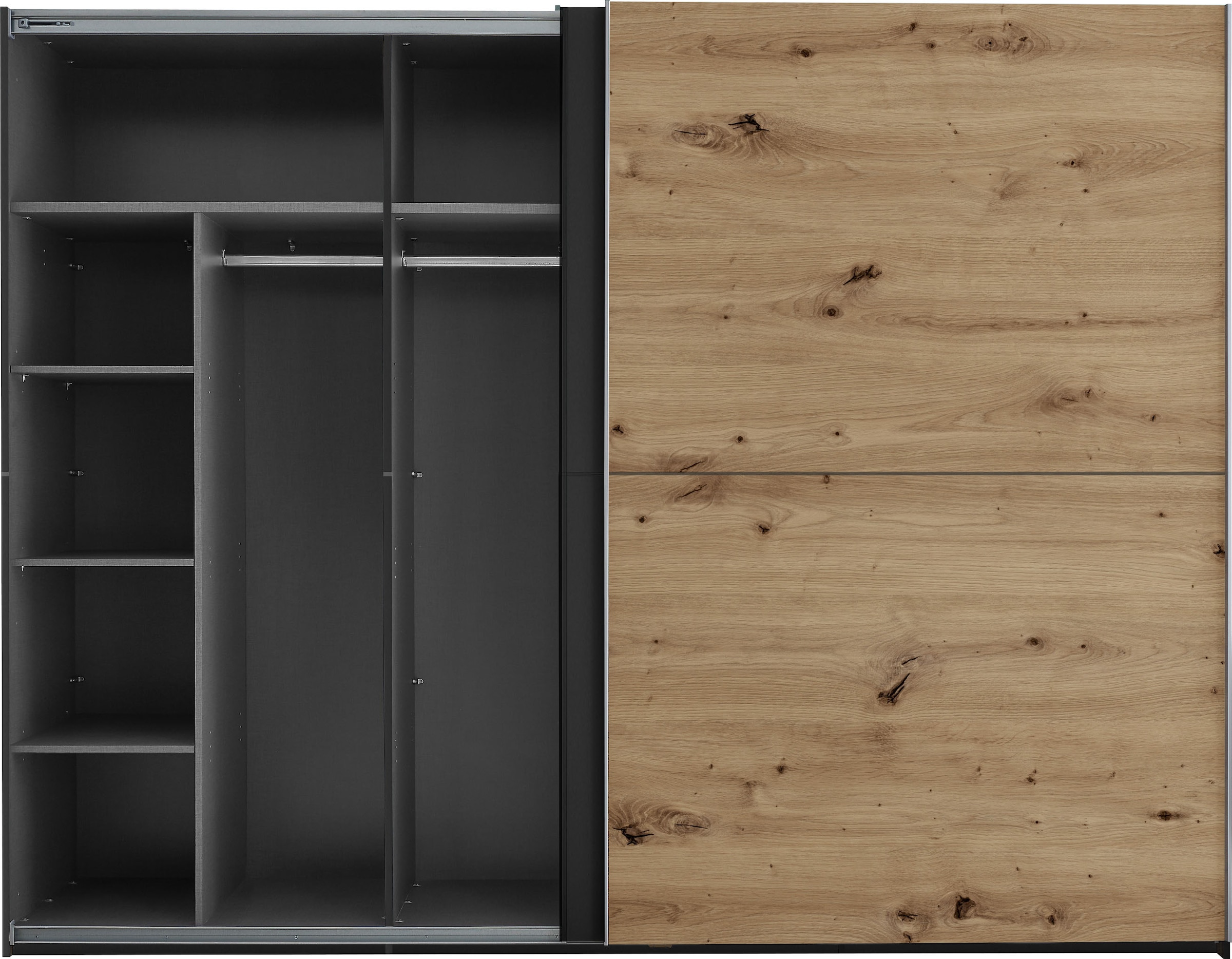 Schlafkontor Schwebetürenschrank »Mesio, 2-türiger Kleiderschrank, Schiebetürenschrank mit viel Stauraum«, inklusive Hoteleinteilungen außen und Einlegeböden oben