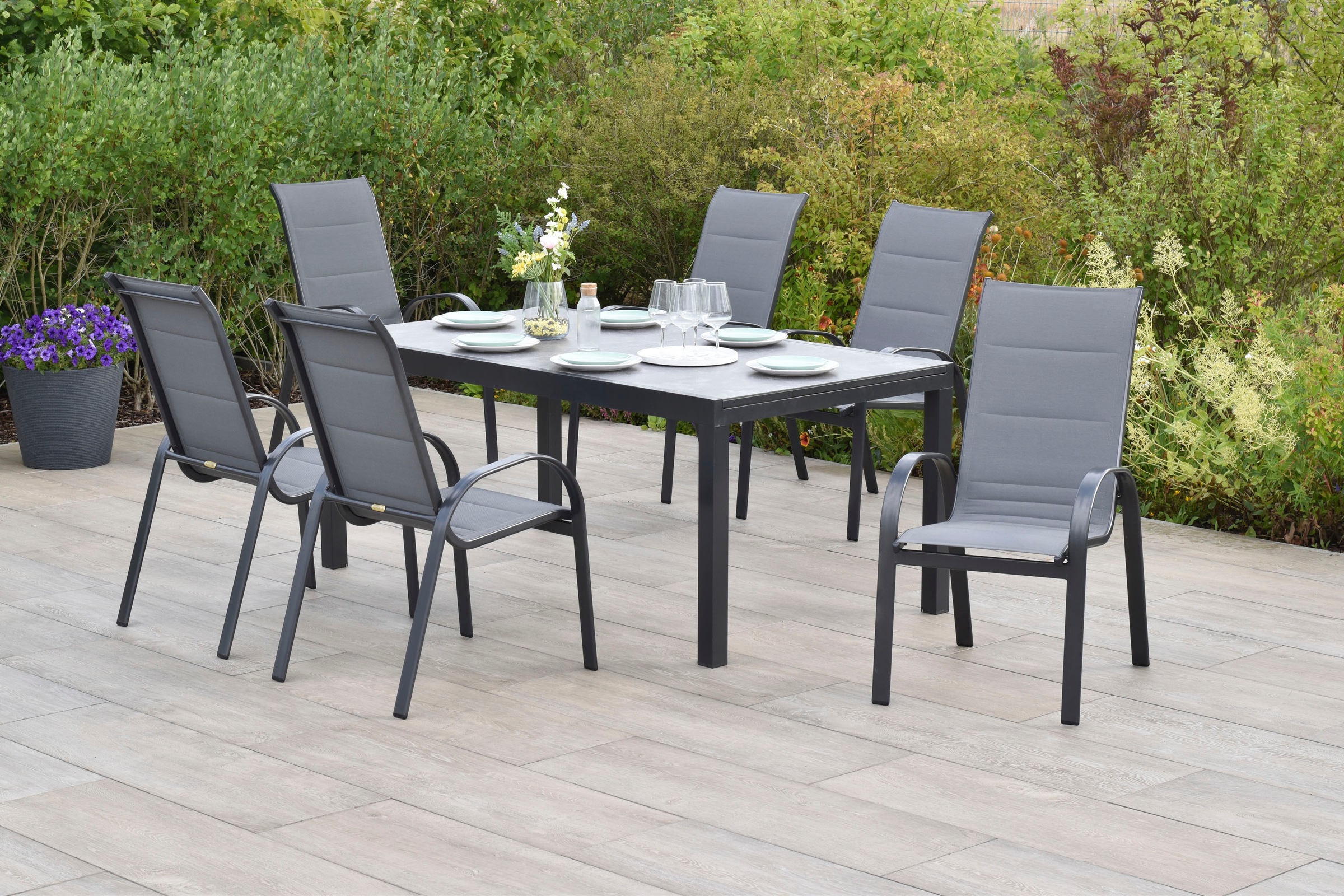 MERXX Garten-Essgruppe »»Amalfi««, (Set, 7 tlg.), Stapelsessel mit hoher Rückenlehne und Polsterung