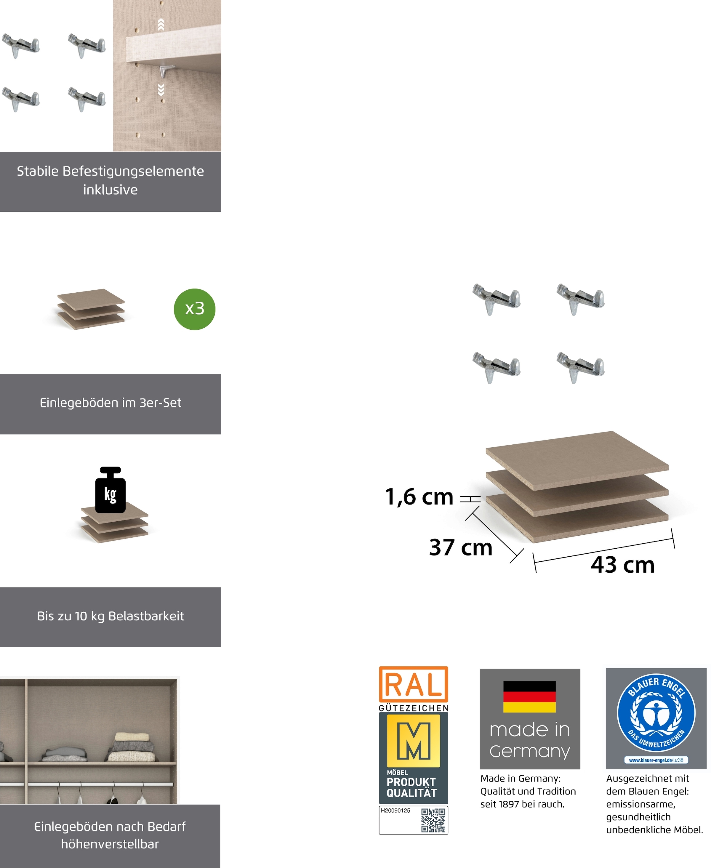 rauch Einlegeboden »Zubehör für Schränke der Serie MINOSA Schranktiefe 41 cm« 2er-Set Breite 43 cm, Tiefe 37 cm