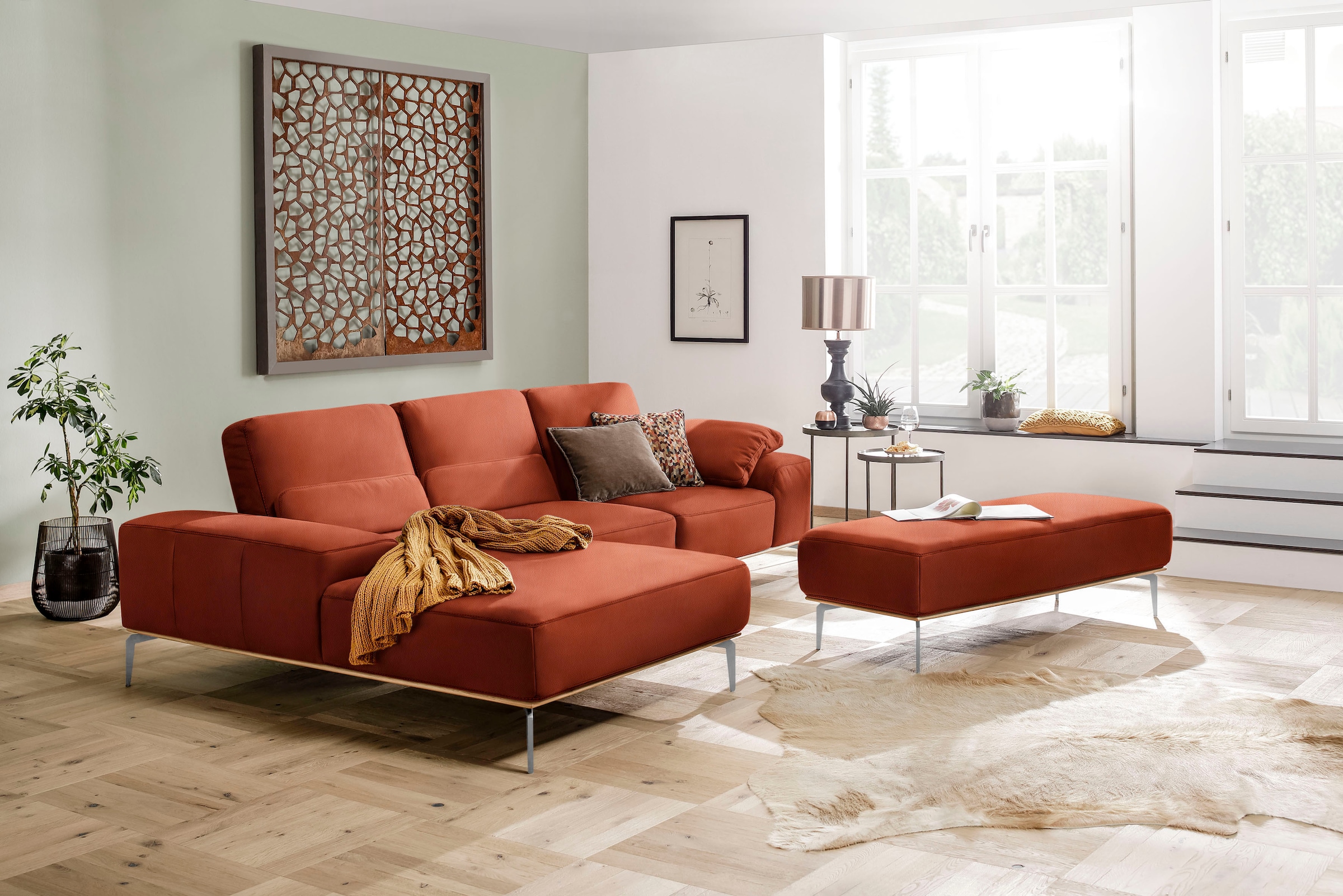 W.SCHILLIG Polsterhocker »run«, mit elegantem Holzsockel, Füße in Chrom glänzend, Breite 150 cm
