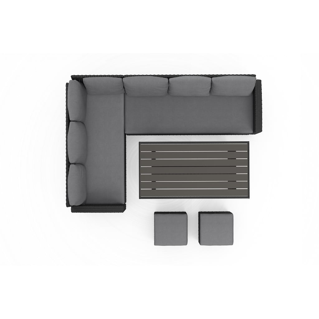 KONIFERA Gartenlounge-Set »Georgia«, (Set, 2x 3er Bank, 2x Hocker, 1x Tisch 145x74x67cm, Stahl, Polyrattan), inkl. Auflagen, Schwarz, Tischplatte aus Nonwood