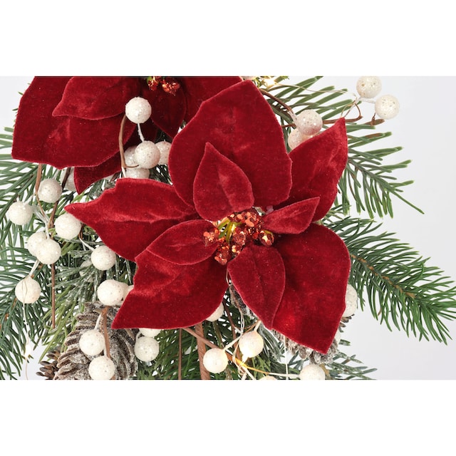 Weihnachtsstern, | mit Sale Poinsettia Kunstpflanze BAUR Weihnachtsgesteck Kunstblumen-Arrangement I.GE.A. mit Winterliche »Gesteck, Beleuchtung, LED bei Weihnachtsdeko,«,