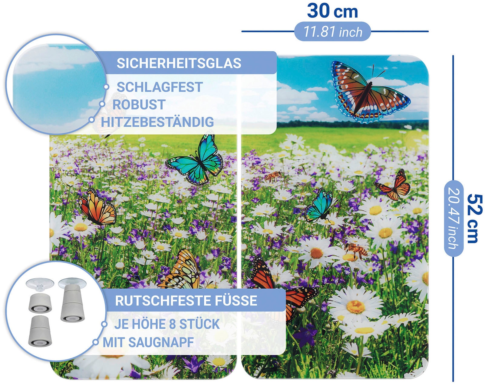 WENKO Herd-Abdeckplatte »Universal Modell Sommerwiese«, (Set, 2 tlg.), Herdabdeckung für alle Herdarten, kratzfest, mit rutschfesten Füßen