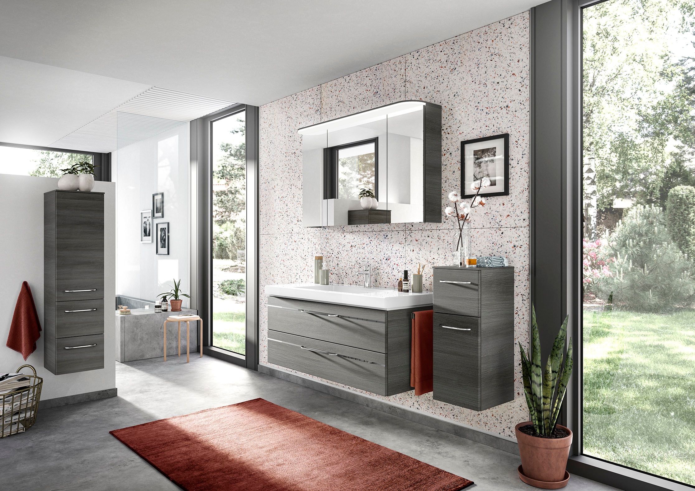 Saphir Badmöbel-Set »Balto Sprint 4-teilig, Mineralmarmor-Waschtisch mit LED-Spiegelschrank«, (5 St.), Unterschrank, Midischrank, inkl. Türdämpfer, 5 Türen, 5 Schubladen