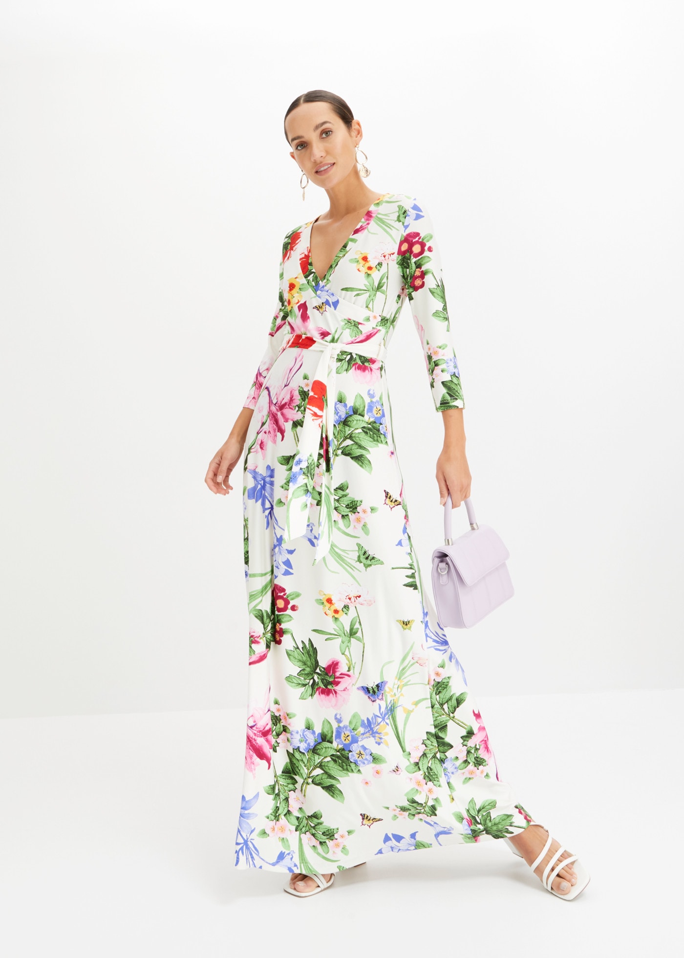bonprix Maxikleid mit 3/4-Ärmeln, taillierte Passform, aus Polyester und Elasthan