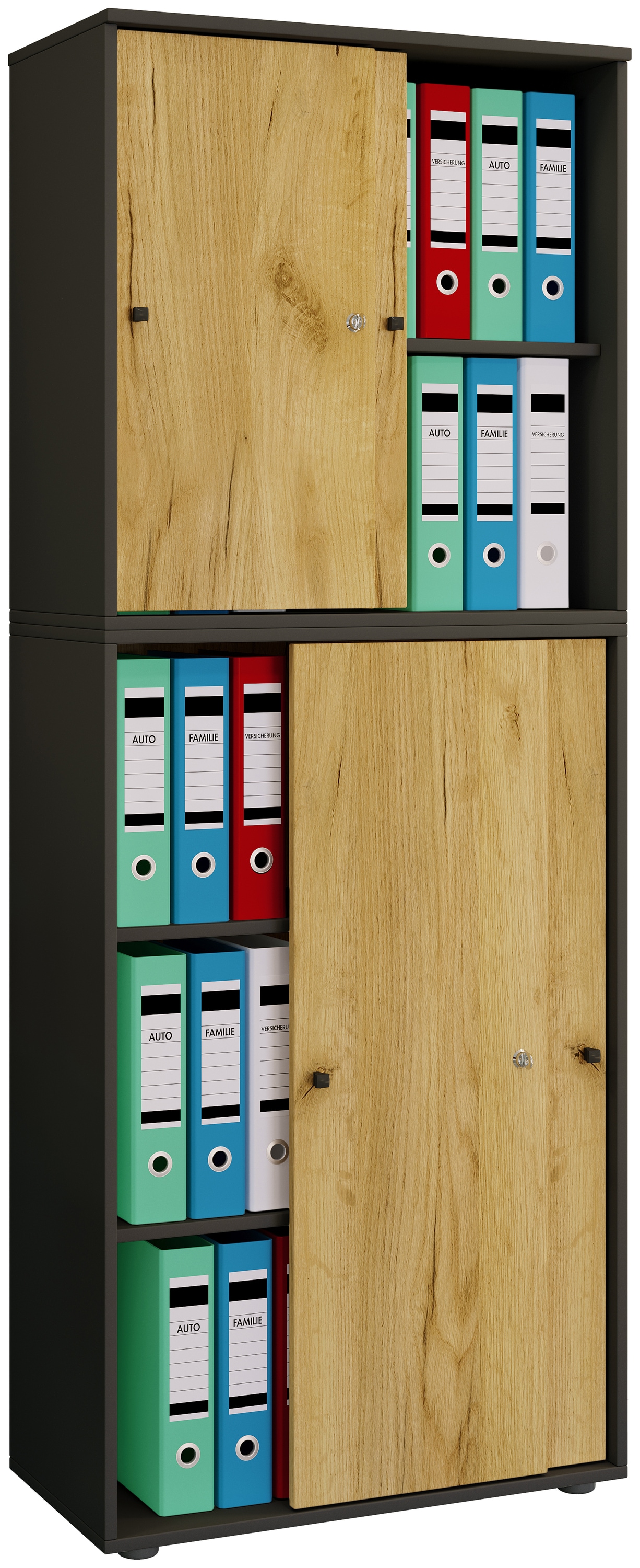 Aktenschrank VCM "Büroschrank Aktenschrank Schiebetüren Lona 5fach", braun (anthrazit, honig, eiche), B:70cm T:37cm, Obermaterial: 100% Holz Wood., Sc