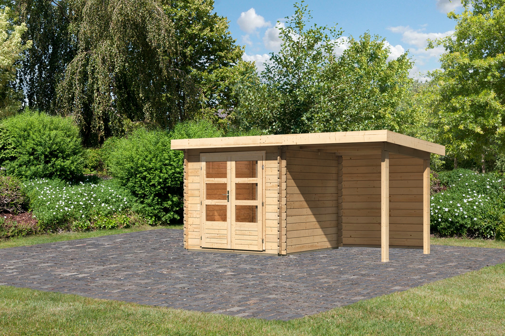 Karibu Gartenhaus "Schloßsee 2" mit Anbaudach und Rückwand günstig online kaufen