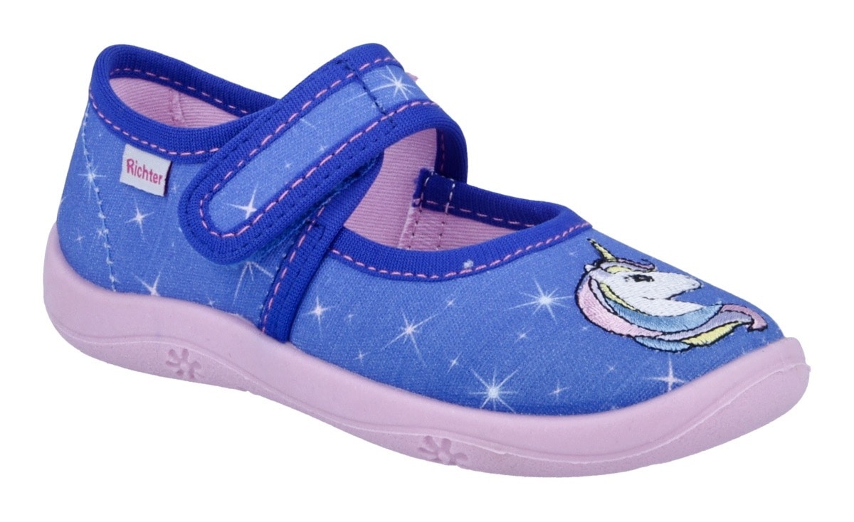 RICHTER Kinder Hausschuh "Mia WMS: Mittel", Gr. 25blau, Baumwolle, animal-print, Schuhe, Kindergartenschuhe mit WMS, Größenschablone zum Download