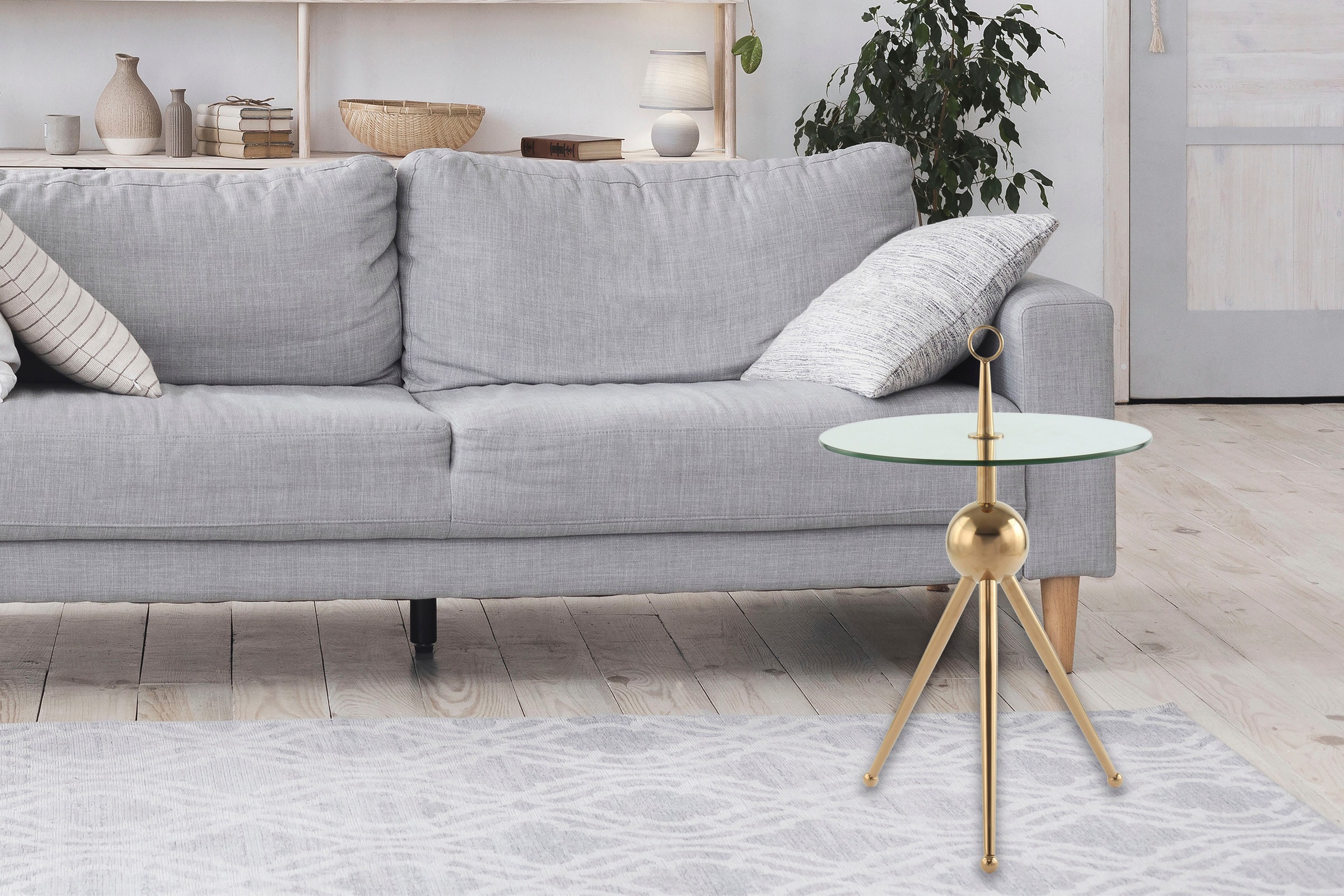 Kayoom Beistelltisch »Ontario 325, Runde Glasplatte aus Sicherheitsglas, 100% Edelstahl«, (1 St.), Minimalistisch, Gestell in Tripod-Design, mit Tragering