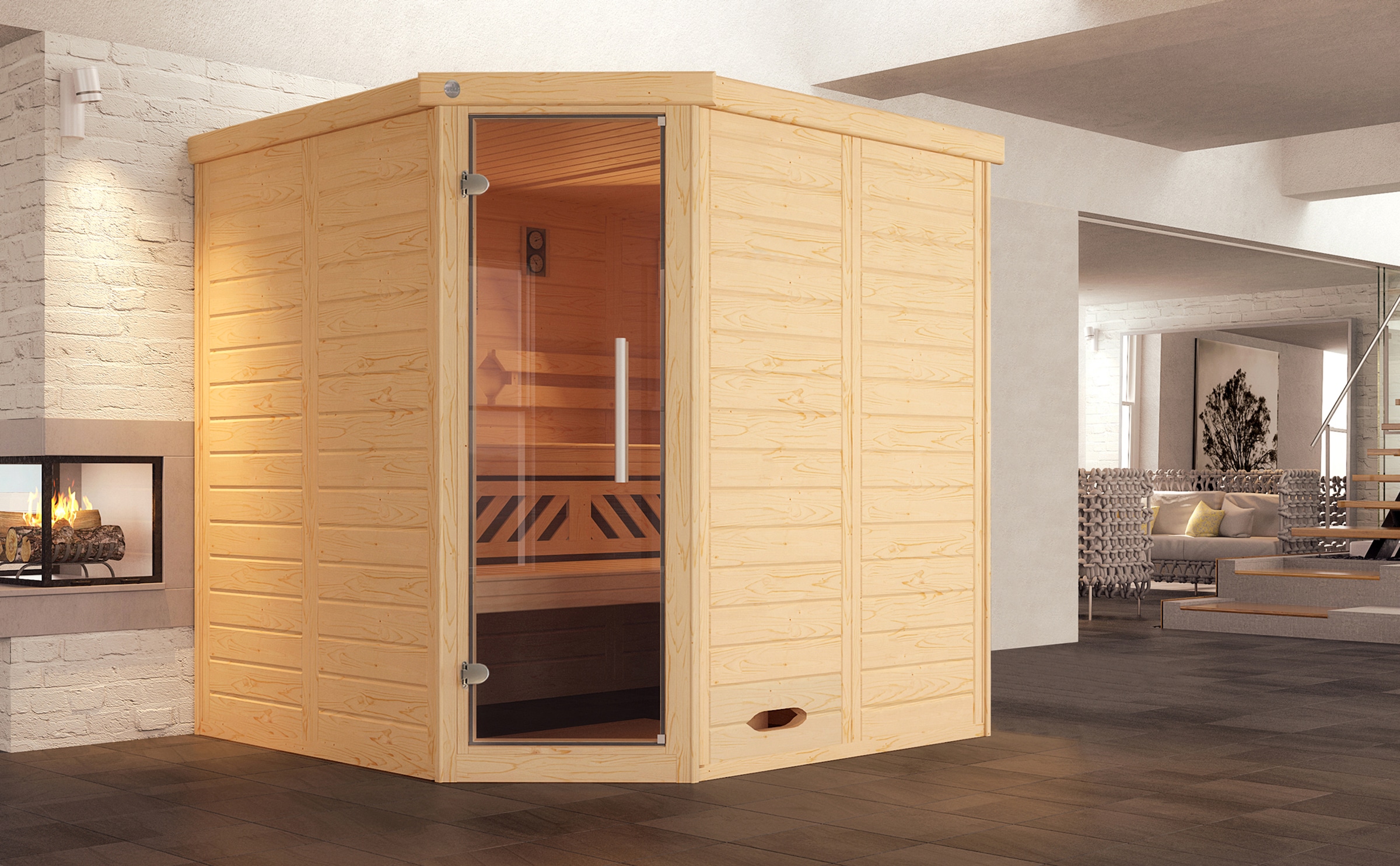 Sauna »Design-Sauna KEMI Eck 1«, naturbelassenes Fichtenholz, moderne Glastür