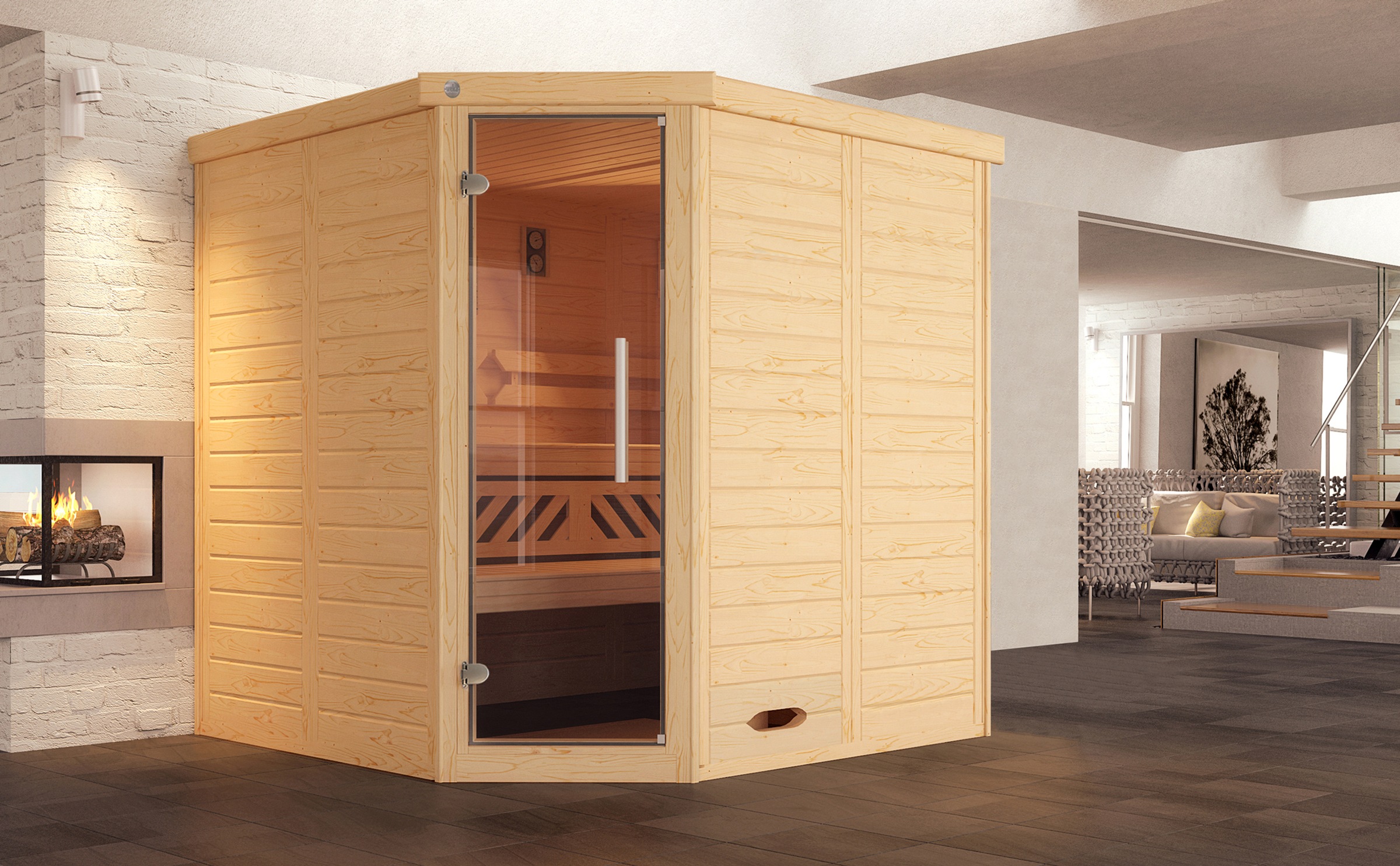 weka Sauna "Design-Sauna KEMI Eck 1", naturbelassenes Fichtenholz, moderne Glastür