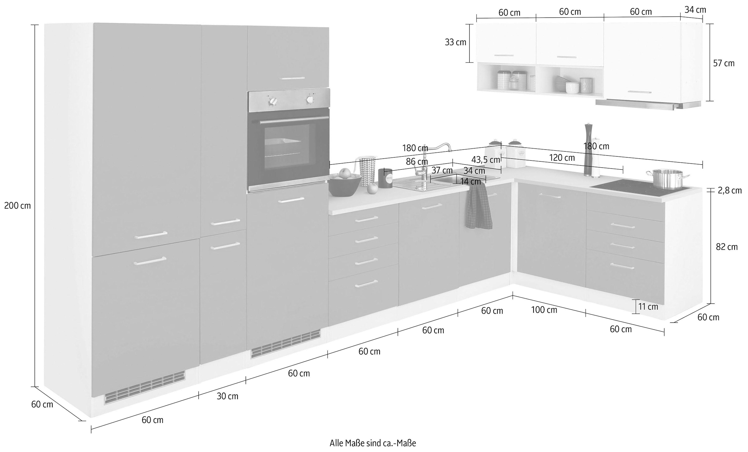 KOCHSTATION Winkelküche »KS-Visby«, mit E-Geräte, 390x180 cm, inkl. Kühl/Gefrierkombi und Geschirrspüler