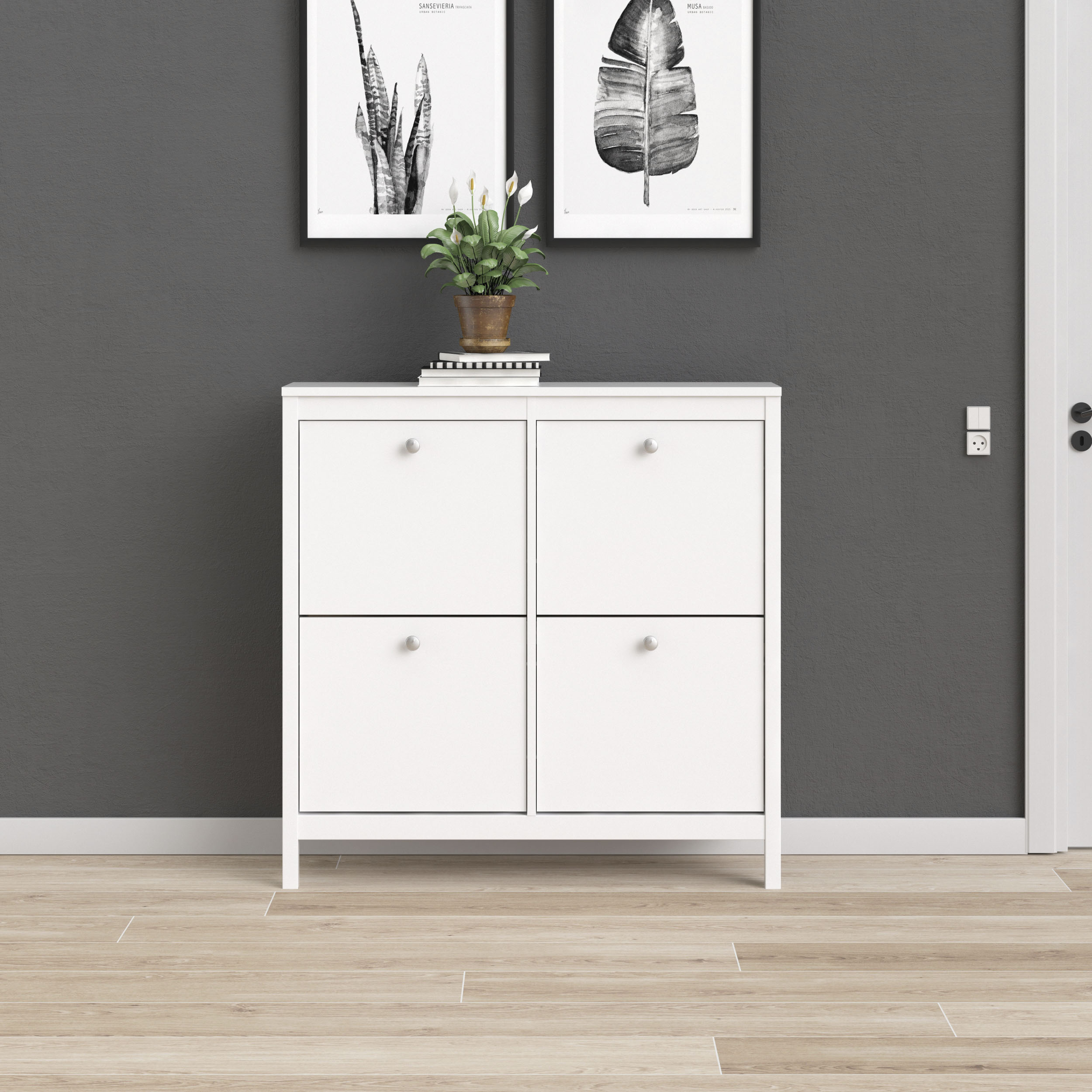 Home affaire Schuhschrank "Madrid, Schuhaufbewahrung mit Griffen, skandinavisches Design" Mit 4 Klappen, jeweils 2 Böden, B: 102 cm, H: 103 cm, Zwei Griffarten