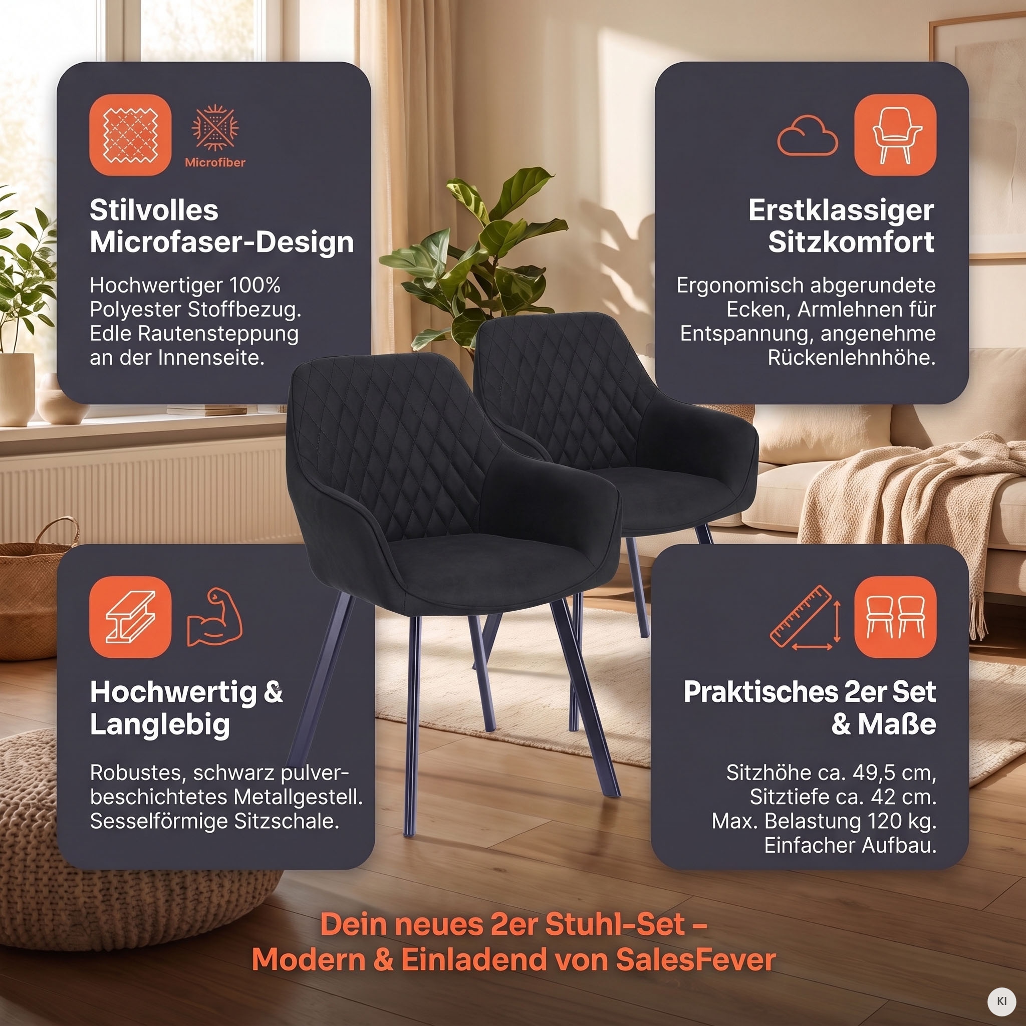 SalesFever Armlehnstuhl »Cardiff Bequemer Esszimmerstuhl« (Set) 2 Stk.Edles Doppelset: Rückenlehnen mit charmanter Rautensteppung