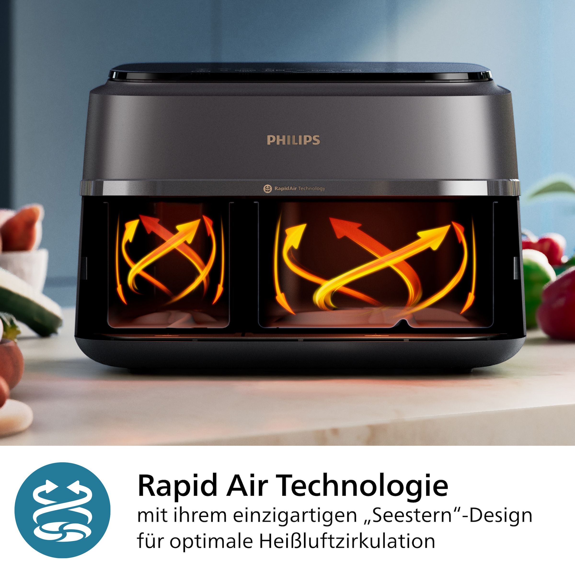 Philips Heißluftfritteuse »3000 Series NA352/00, Dual Basket Airfryer mit 9L Kapazität (3L+6L),«, 2750 W, RapidAir Technologie, Digitales Display, HomeID App; Schwarz/Kupfer