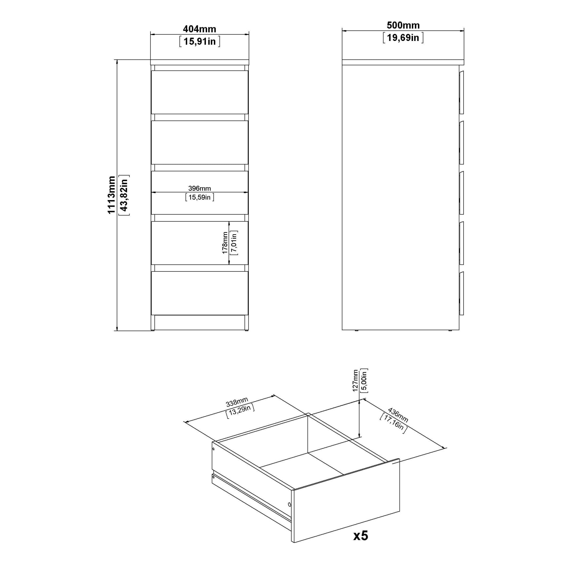INOSIGN Highboard »Naia, Hochkommode, 5 Schubladen, Aufbewahrung, grifflose Front« Modern, skandinavisches Design, Schmal, in mehrere Farben