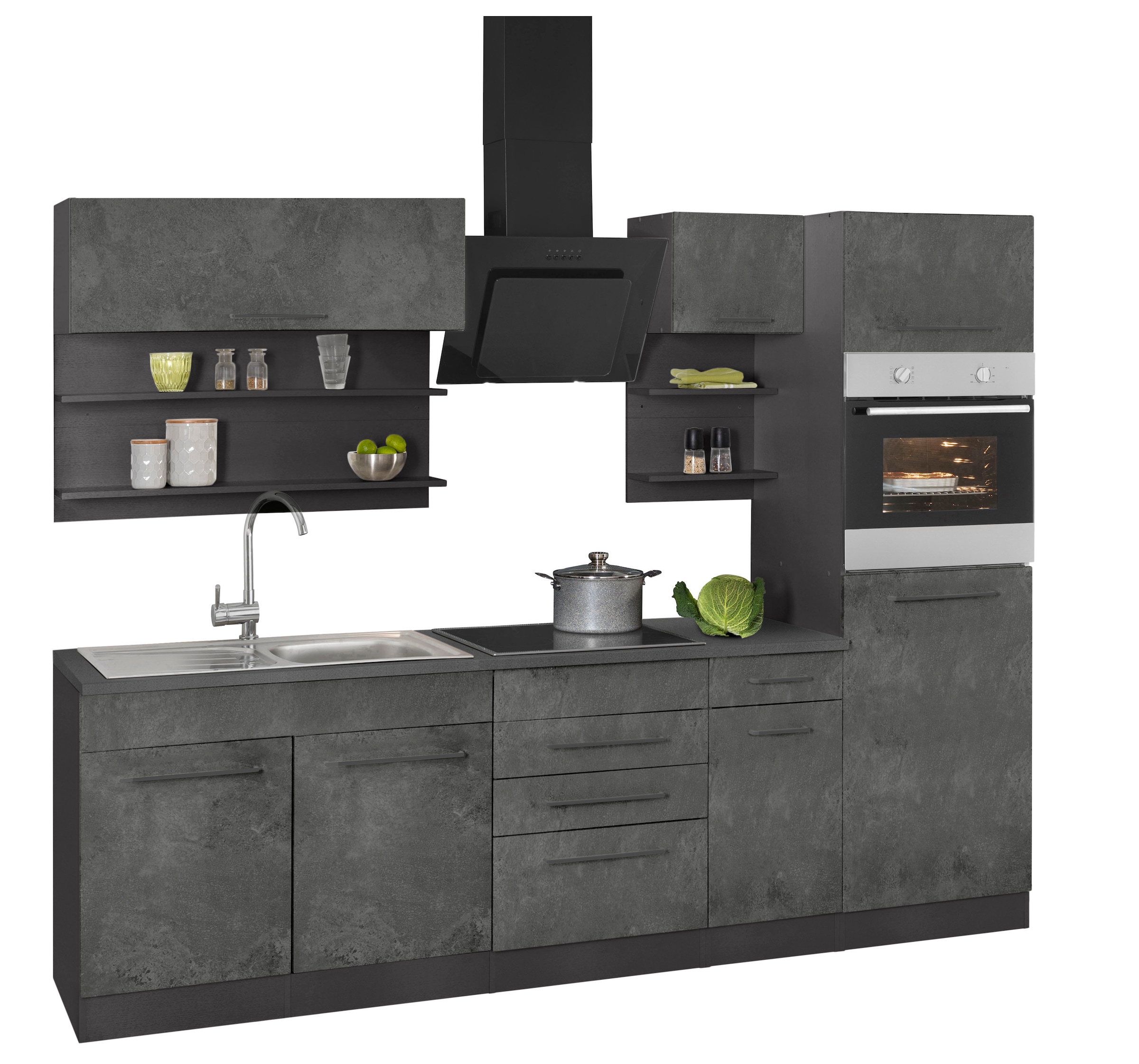 KOCHSTATION Küchenzeile »KS-Tulsa«, ohne E-Geräte, Breite 270 cm, schwarze Metallgriffe, MDF Fronten