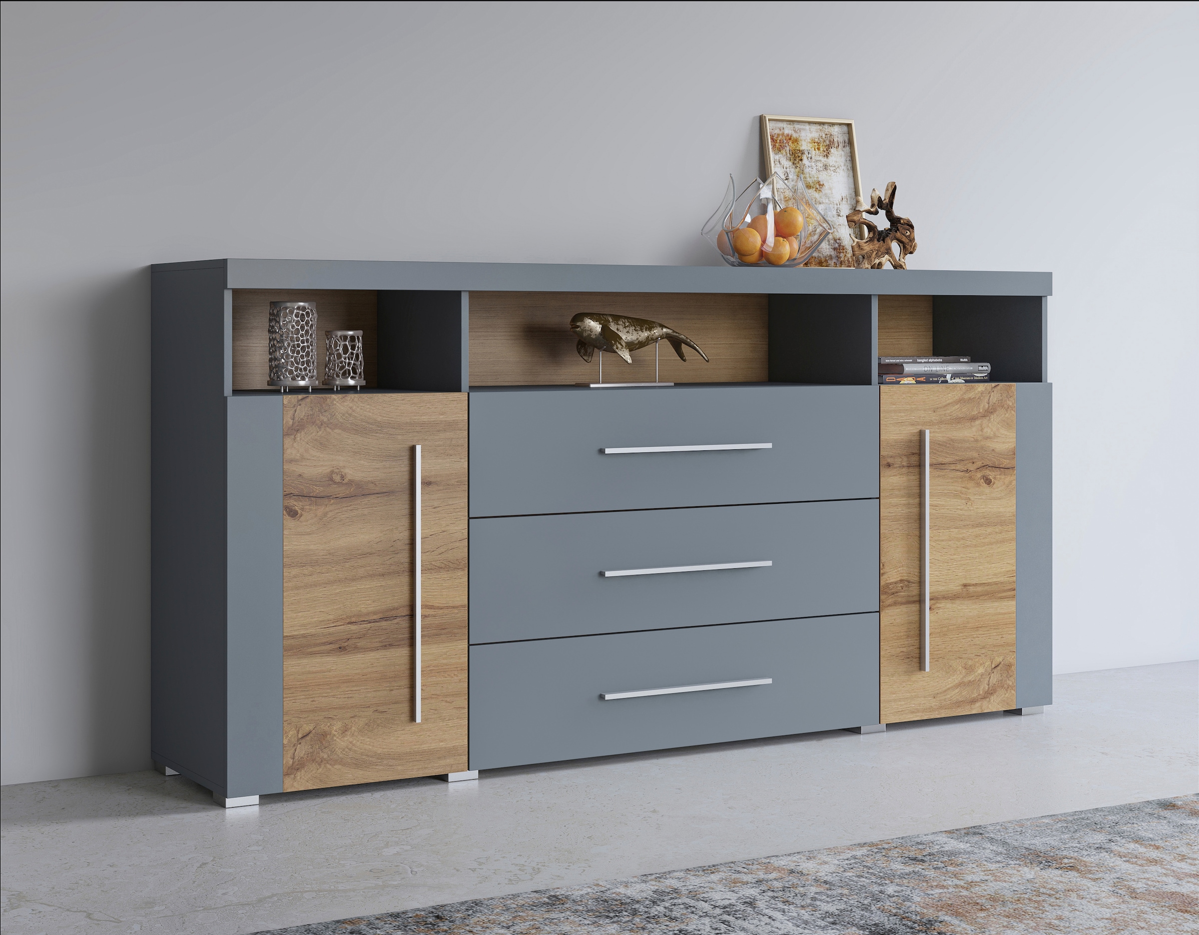 INOSIGN Sideboard "Roger,Breite 182cm, stilvolle Schrank, 2 Holztüren 3 Schubladen", Kommode mit viel Stauraum, Einlegeb