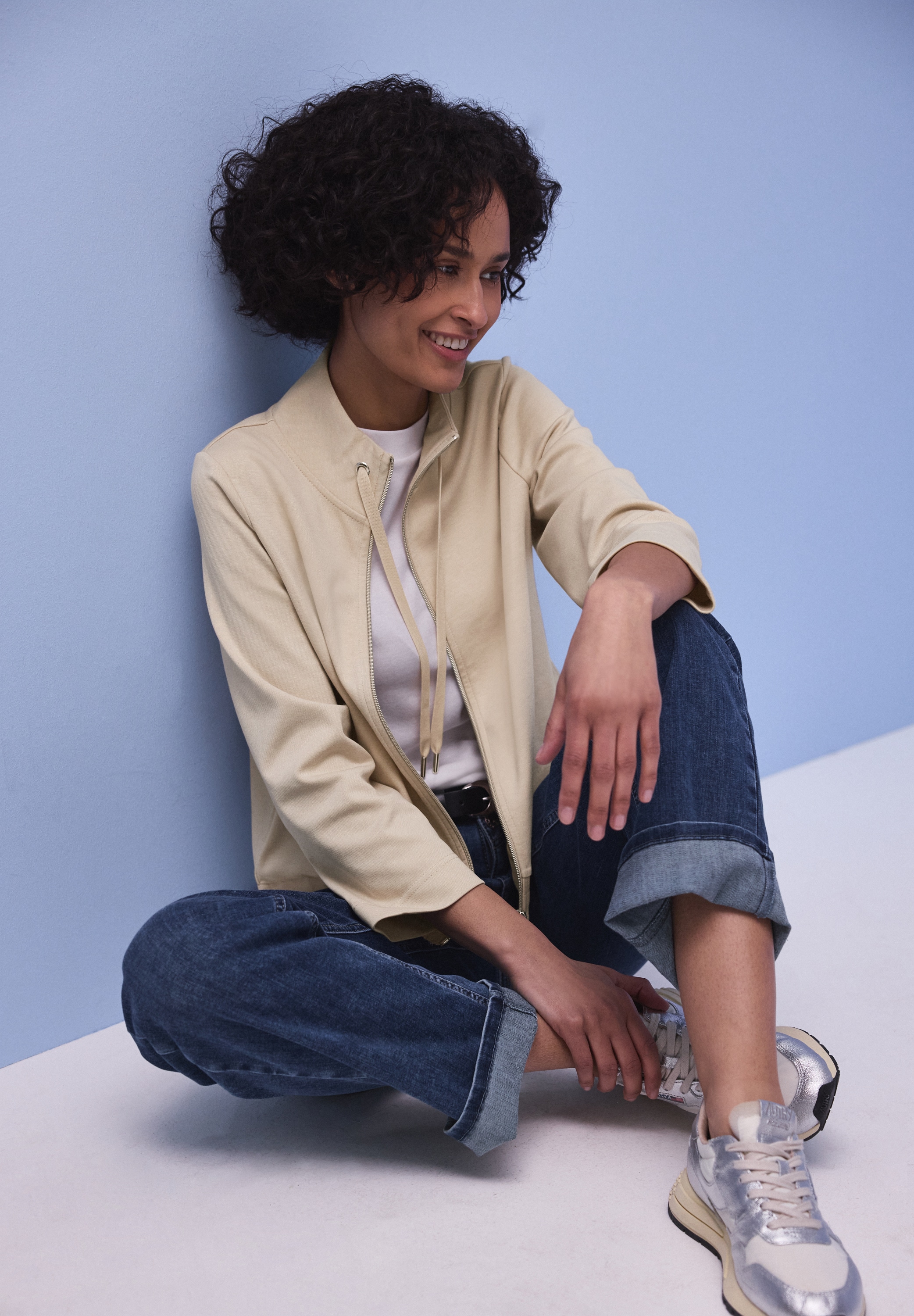 STREET ONE Sweatjacke 3/4-Arm mit Stehkragen und Kordelzügen