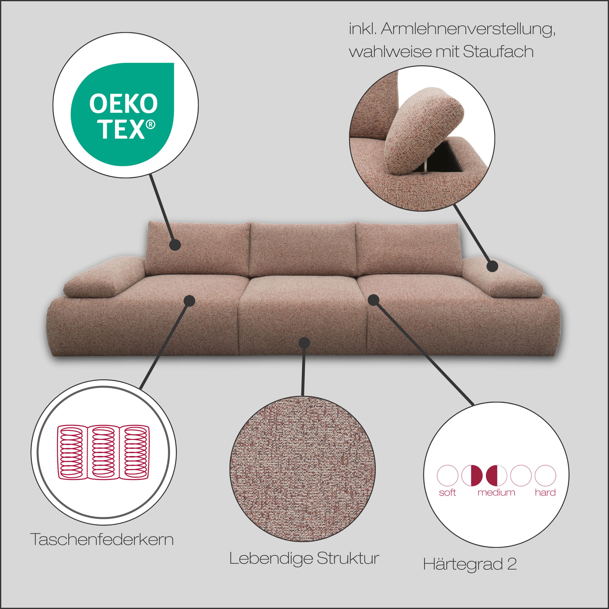 Thumbnail - DOMO collection Big-Sofa "Évora Megasofa Breite 324 cm" Federkern, inkl. Armlehnenverstellung, Struktur grob, rust