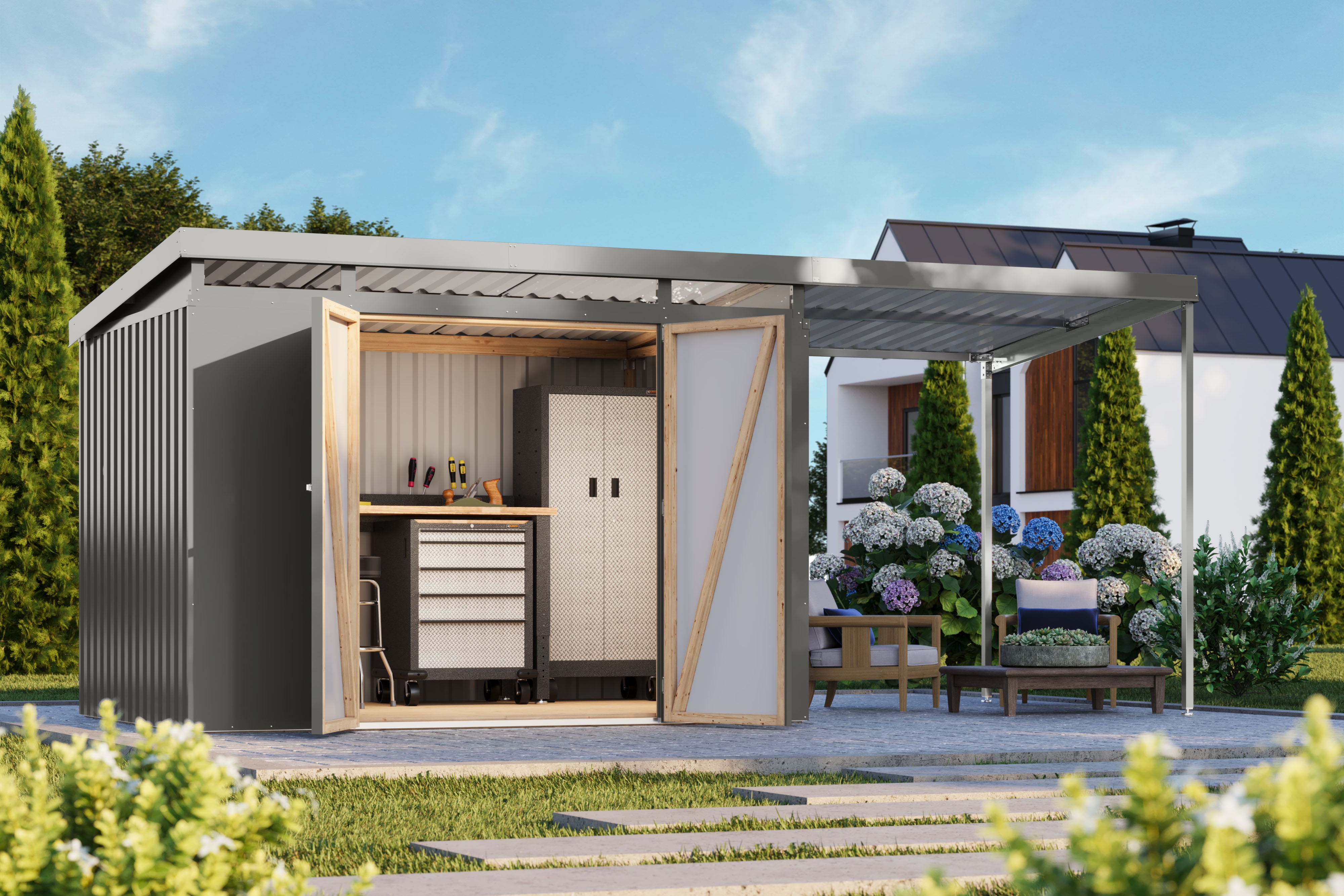 Karibu Gerätehaus "Argonium 3 SET mit Anbaudach" Made in Germany