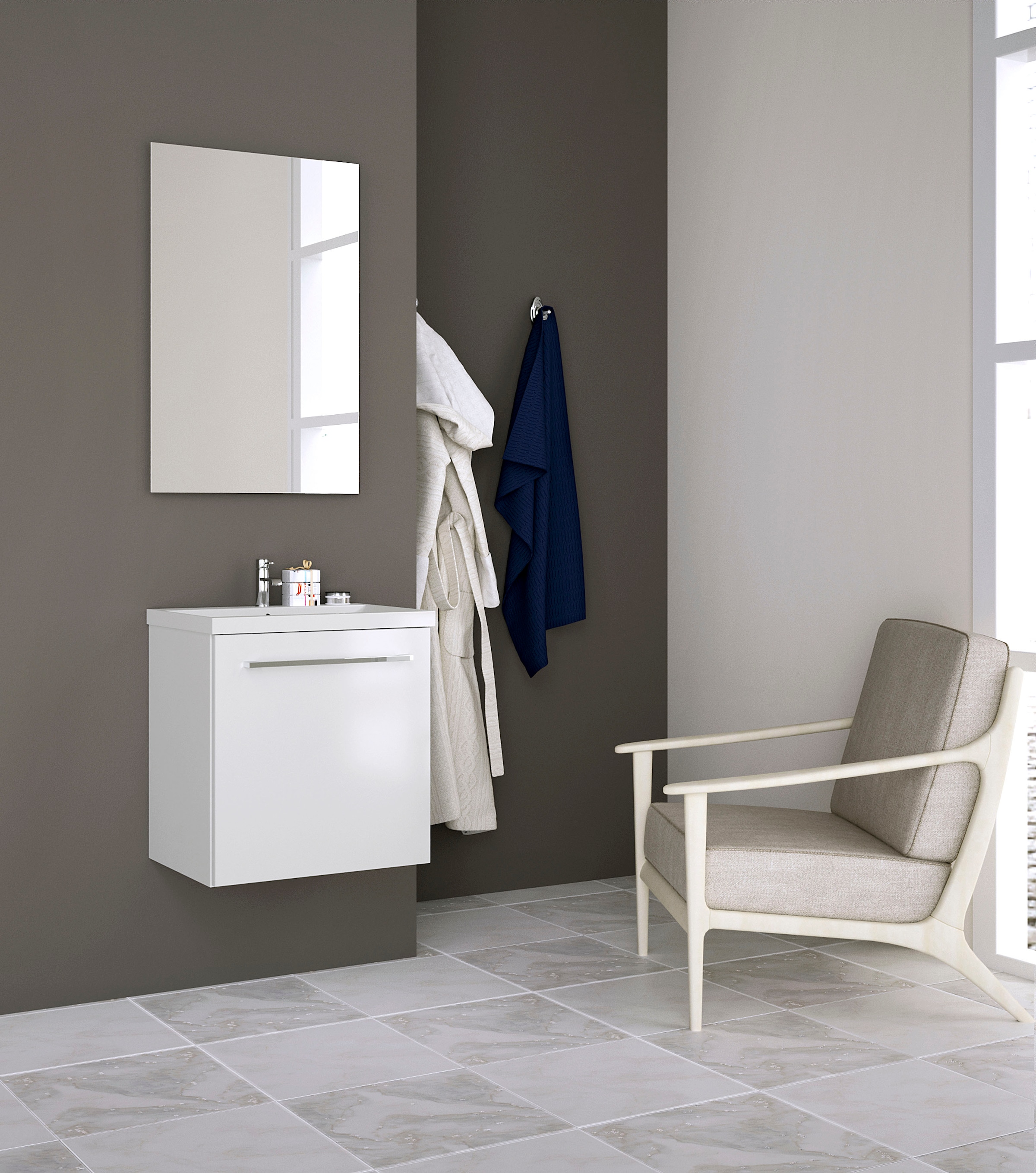 welltime Badezimmer-Set »Scandic«, (Komplett-Set, 2 St., 2-er set: Spiegel und Waschtisch mit 1 Tür), 2in1 - Spiegel & Waschtisch mit Soft-Close, Keramikwaschbecken