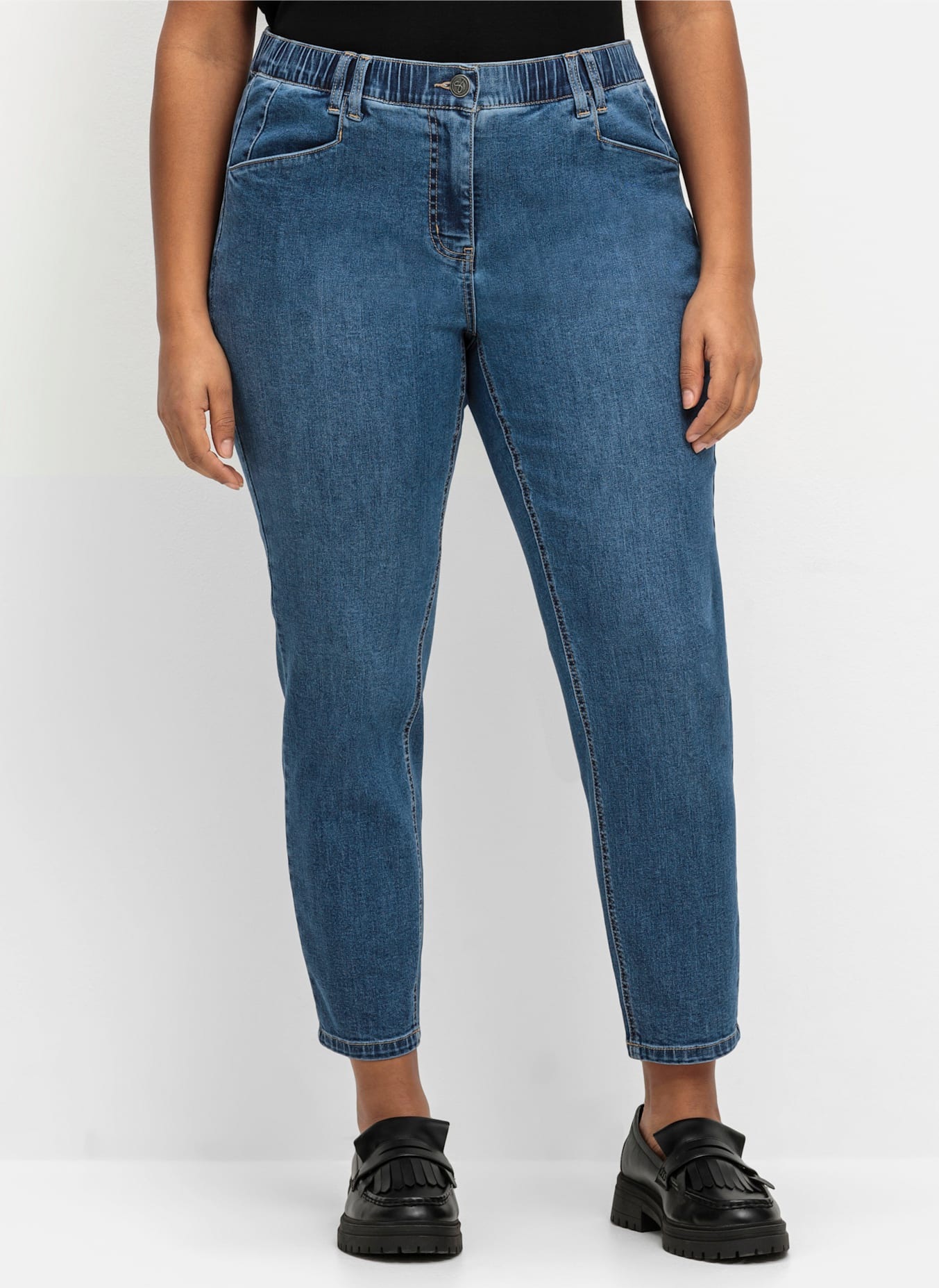 Stretch-Jeans SHEEGO, Damen, Gr. 48, Normalgrößen, blau (blau denim), 95% Baumwolle, 4% Elastomultiester, 1% Elasthan, unifarben, lang, Jeans
