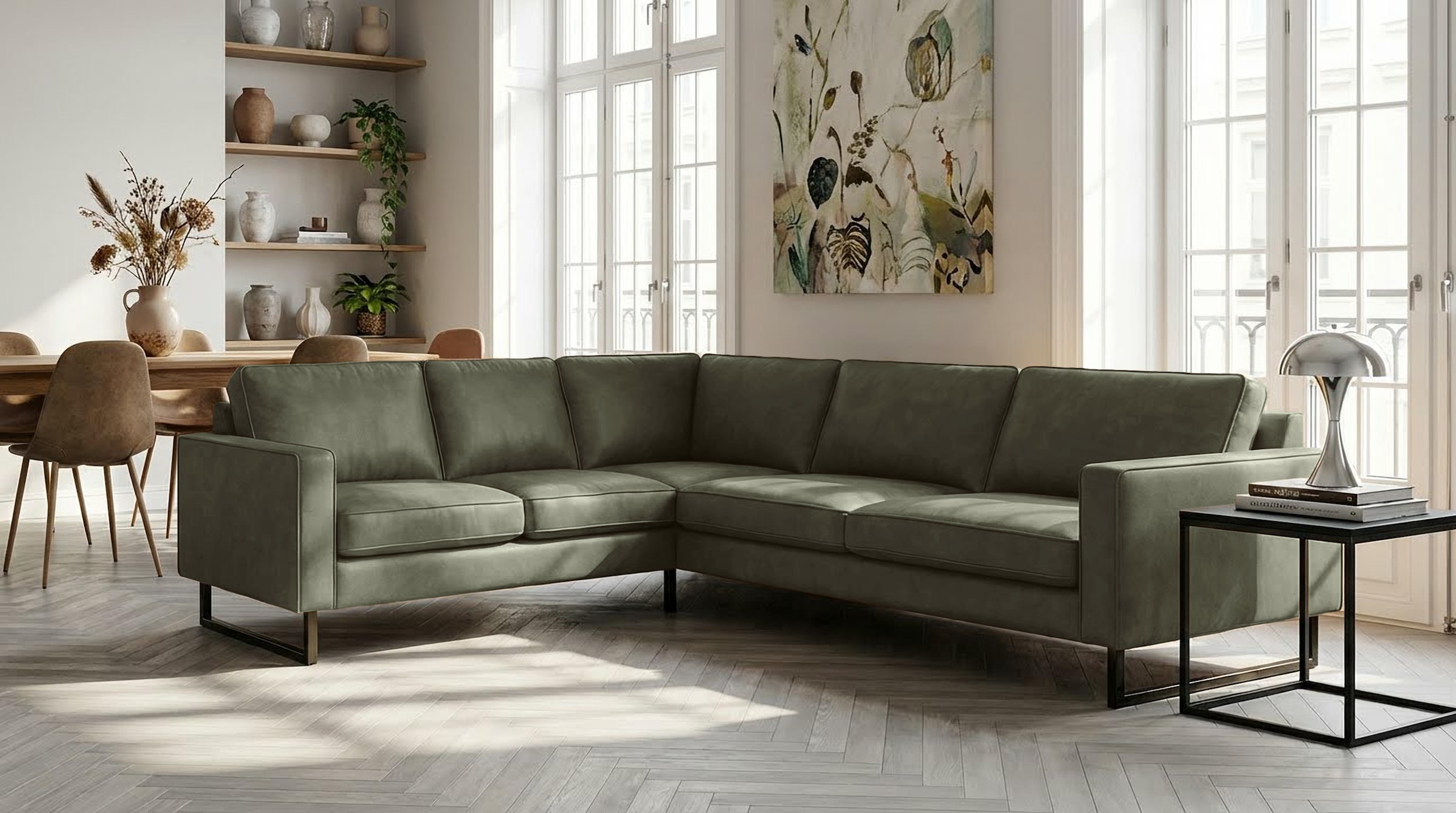 OTTO home Ecksofa "Pinto, XXL, 250/290 cm, langer Schenkel, Ottomane" Cord, Chenille, Lederoptik, mit Keder, Metallfüße, Wellenunterfederung