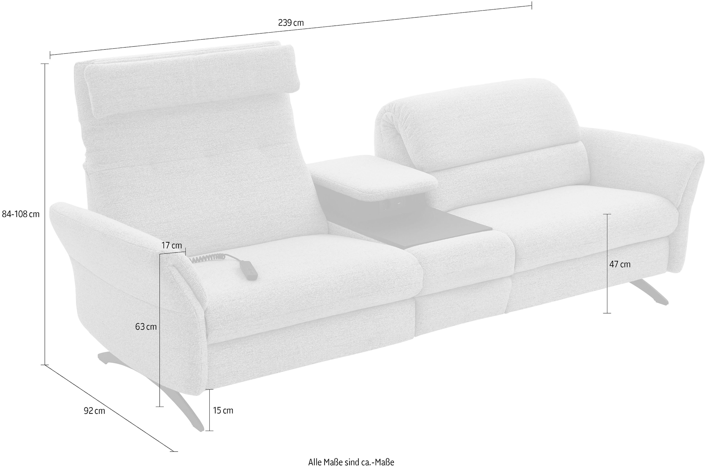 Places of Style 3-Sitzer »Bellaria, inklusive 2x Relaxfunktion motorisch mit Herz-Waage-Beschlag«, Zwischenelement mit Tisch, Steckdose & USB-Ladestation
