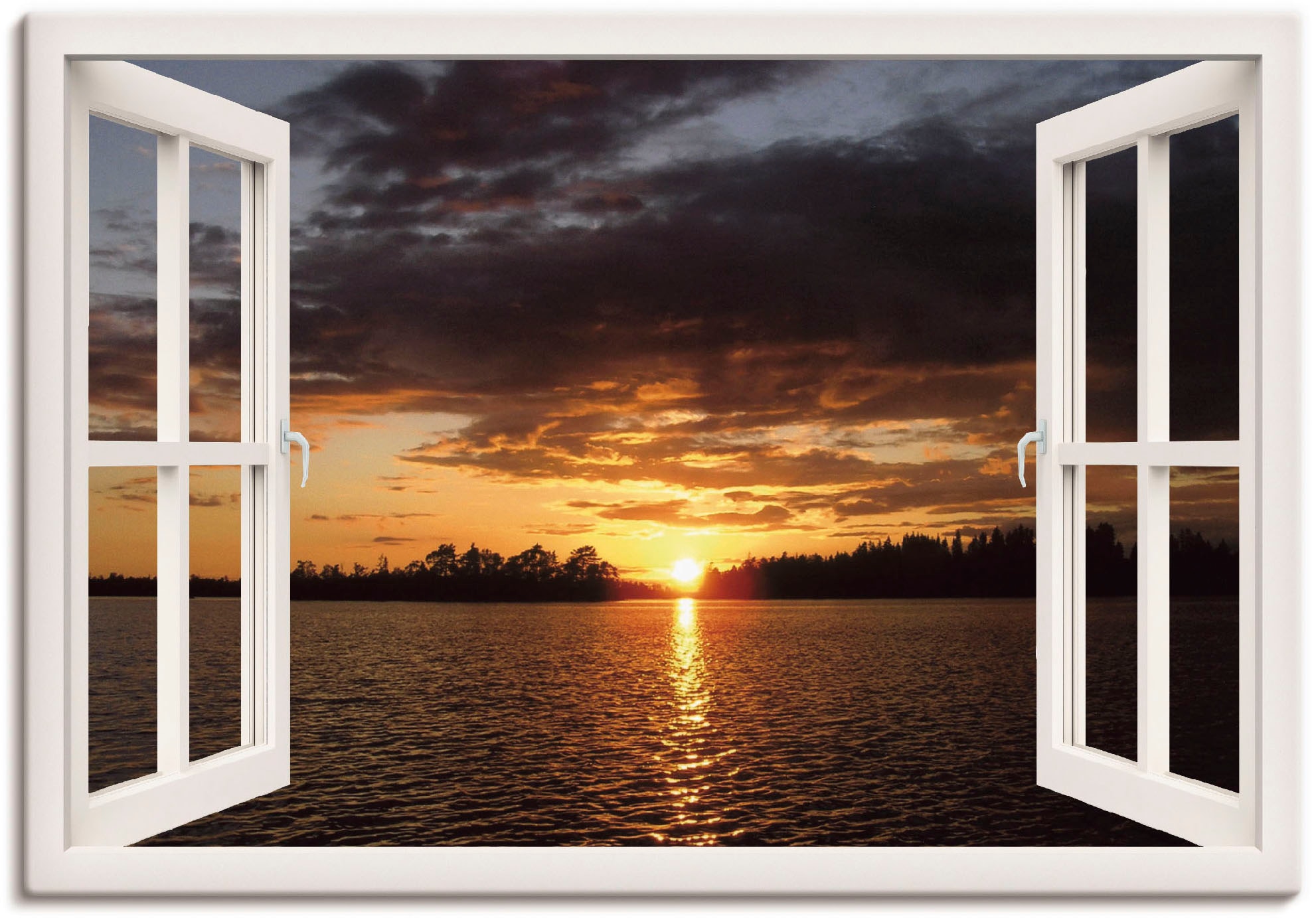 Artland Leinwandbild "Sonnenuntergang am See, weißes Fenster", Seebilder, (1 St.), auf Keilrahmen gespannt