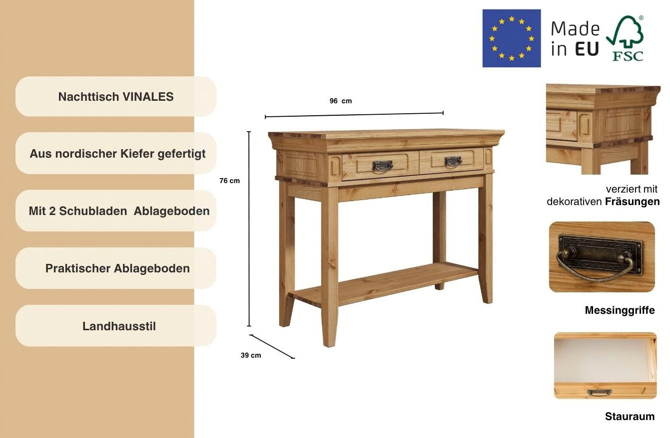 Thumbnail - Home affaire Nachttisch "Vinales; Konsolentisch, Beistelltisch ideal für Boxspringbetten", Aus massiver Kiefer, mit Fräs...