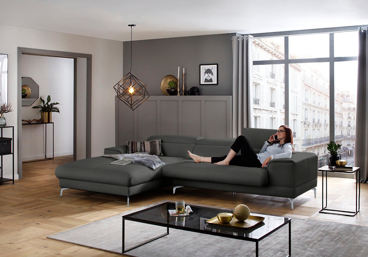 Ecksofa W.SCHILLIG "piedroo, Designsofa mit tollem Sitzkomfort, bequem und elegant, L-Form", grau (anthrazit z69), B:303cm H:70cm T:193cm, Longlife Xtra-Leder Z69: Das feinnarbige, gedeckte Softleder Z69 besticht durch seine außergewöhnliche Weichheit im  6