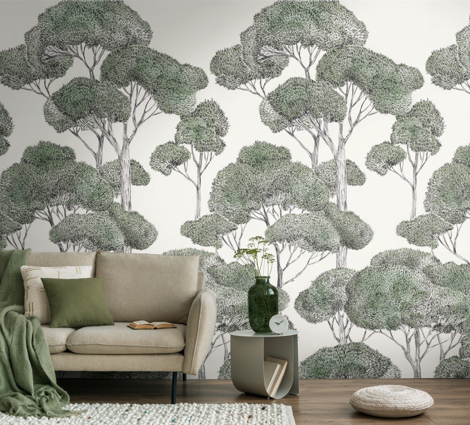 living walls Vliestapete "Vibes & Styles Silvanor – Forest Sketch Fototapete" Comic leicht strukturiert Stilisierte Baumlandschaft mit feinen Linien und ruhiger Tiefenwirkung